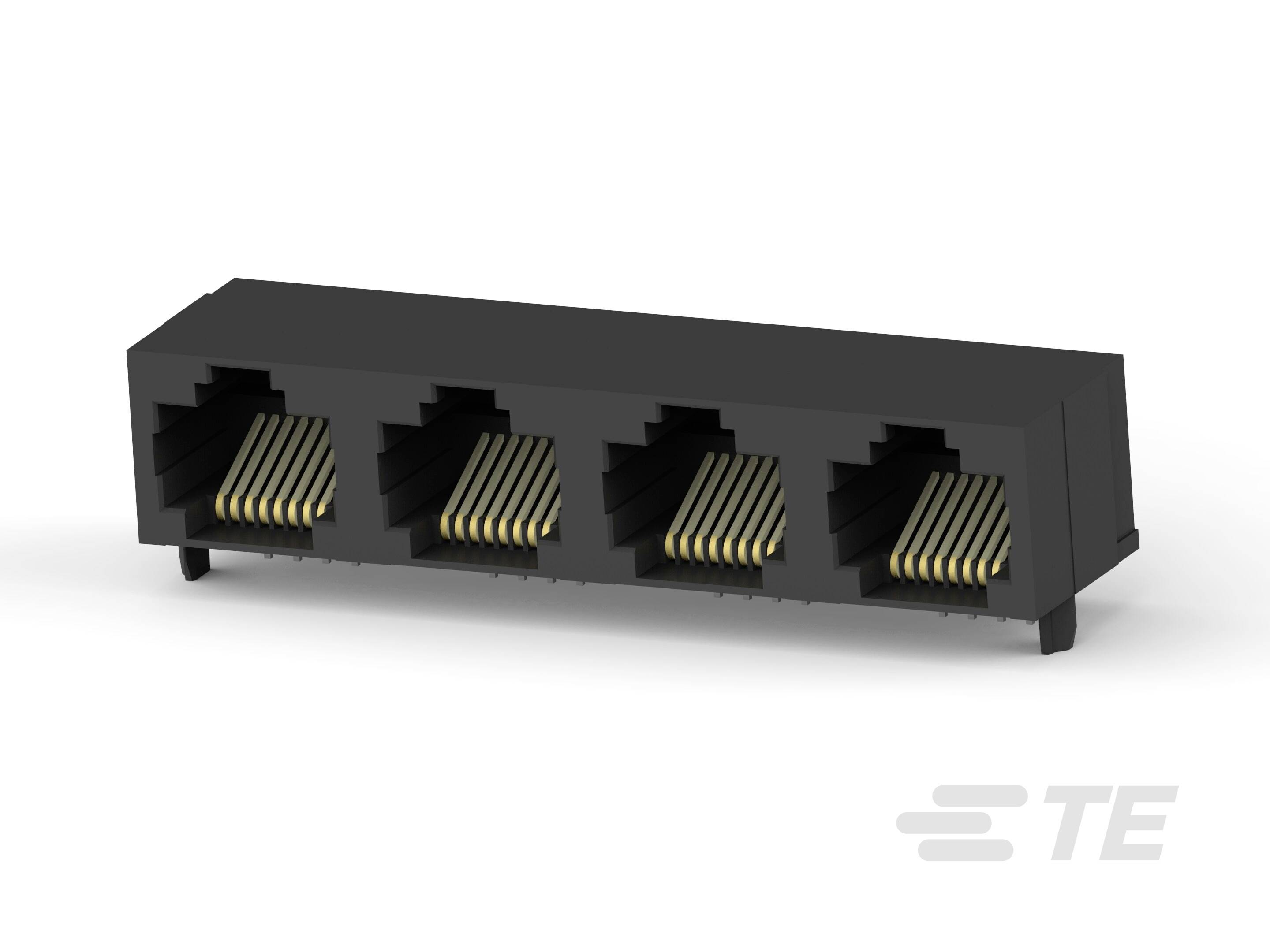 Ein schwarzer Netzwerkstecker mit vier RJ45-Ports, verwendet zur Verbindung von Ethernet-Kabeln, auf weißem Hintergrund.