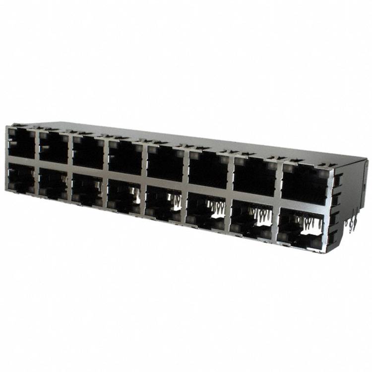 Ein schwarzes Netzwerk-Patchfeld mit mehreren RJ45-Anschlüssen, das für die Kabelorganisation und Weiterleitung von Netzwerksignalen in IT-Infrastrukturen verwendet wird.