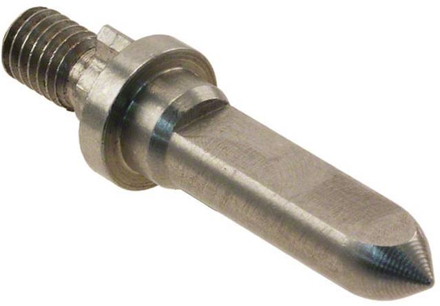 Ein Nahaufnahmebild einer metallischen, gewinde­ten industriellen Komponente, die einem Bolzen mit spitzer Spitze ähnelt.