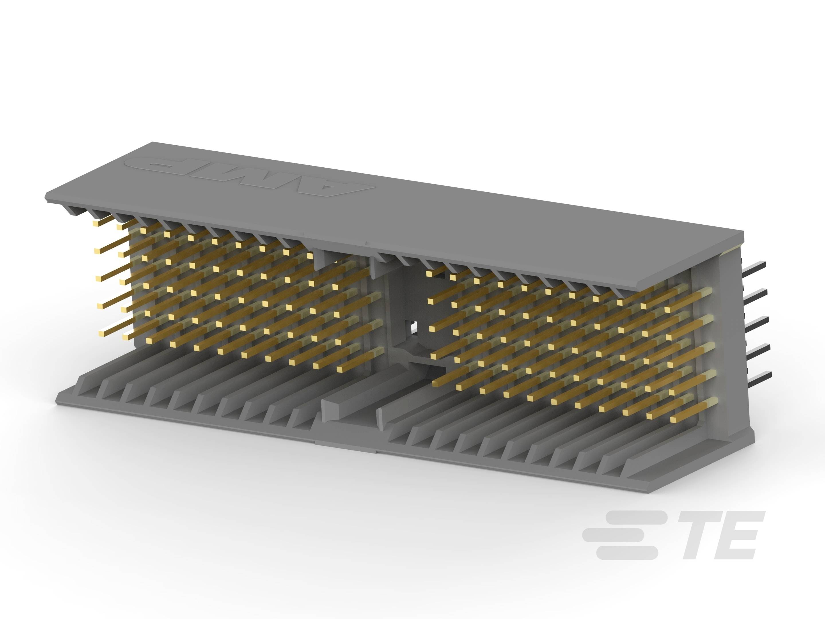 '2mm Hard Metric Right Angle Connectors' von TE Connectivity, grau mit goldenen Pins, geeignet für Leiterplatten in elektronischen Geräten.