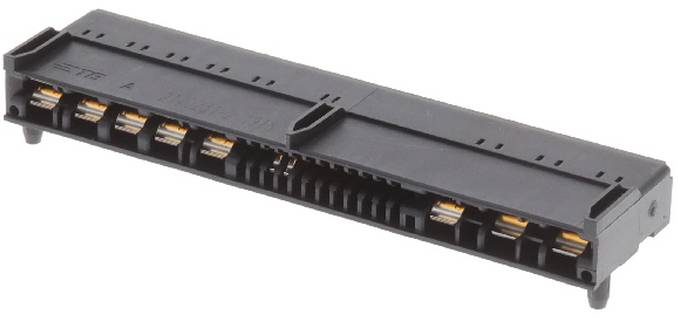 Eine schwarze PCI-Express-Riser-Karte mit mehreren goldenen Kontakten zum Verbinden elektronischer Komponenten.