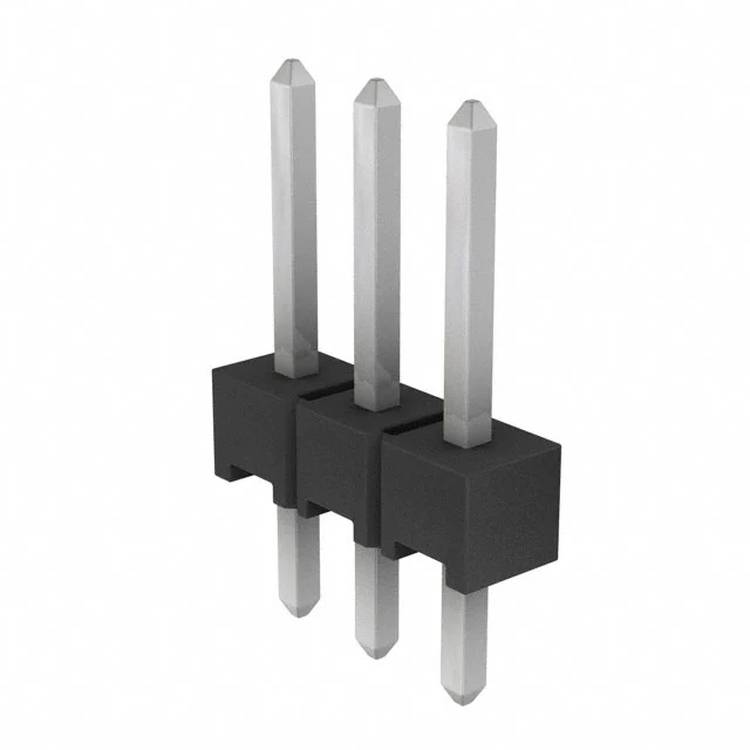 Ein 3-poliger Stecker mit schwarzem Kunststoffsockel und drei senkrechten Metallstiften, verwendet für elektronische Schaltungsverbindungen.