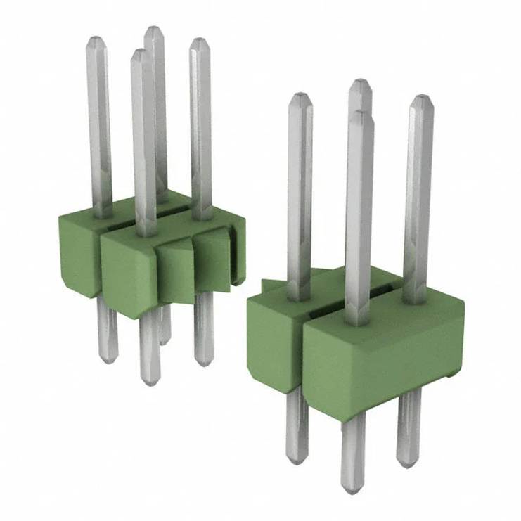 „Zwei grüne vierpolige Elektrostecker mit Metallkontakten, nebeneinander positioniert, die ihre parallele Ausrichtung zeigen.