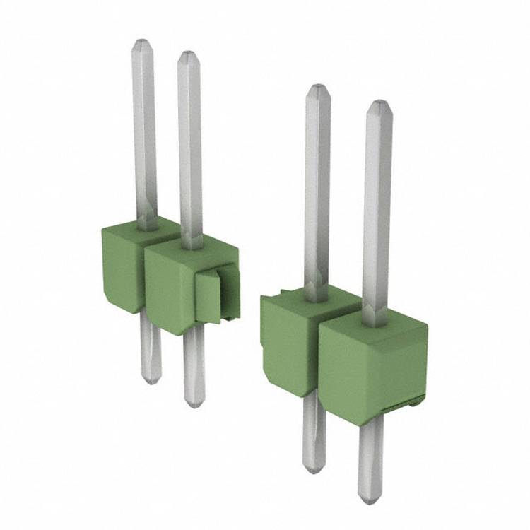 Ein beiger Kunststoff-Zweikontakt-Elektronikstecker mit rechteckiger Basis und drei kurzen Metallvorsprüngen zur Befestigung.