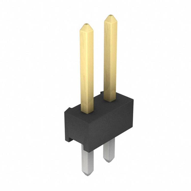 Ein Dual-Stecker mit zwei vergoldeten Stiften, die sich vertikal erstrecken, wird für elektrische Verbindungen in elektronischen Geräten verwendet.