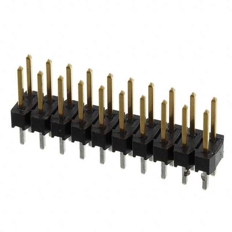 Ein Zwei-Reihen-Stiftleisten-Stecker mit mehreren vergoldeten Stiften und einer schwarzen Kunststoffbasis, wird für Verbindungen auf elektronischen Leiterplatten verwendet.