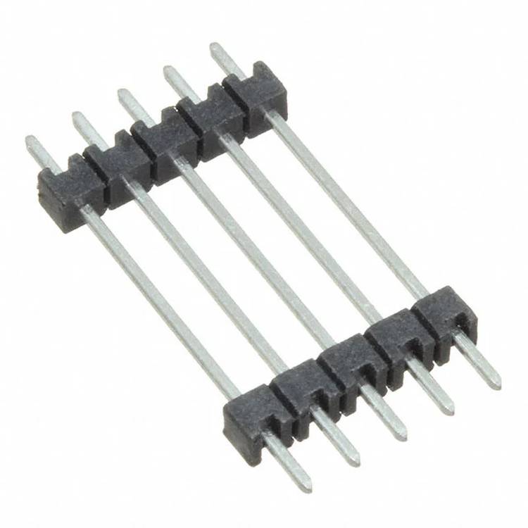Ein Steckerleistenverbinder mit sechs Pins in gerader Bauform mit schwarzen Kunststoff-Distanzhaltern.