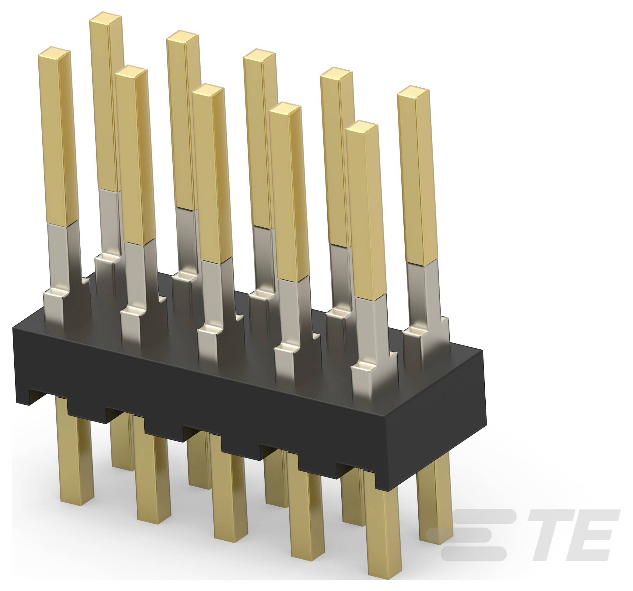 3D-Rendering eines schwarz-goldenen doppelreihigen PCB-Steckers mit quadratischen, geraden Stiften, angeordnet in zwei parallelen Reihen.