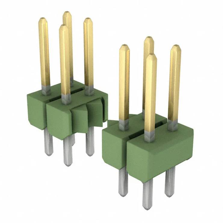 Zwei grün-goldene männliche Steckerleisten mit jeweils vier Stiften, verwendet für elektrische Verbindungen in elektronischen Schaltkreisen.