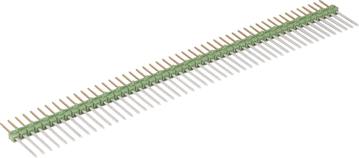 Eine grüne und goldene Stifteiste mit mehreren Pins, die üblicherweise in elektronischen Leiterplatten für Verbindungen verwendet wird.