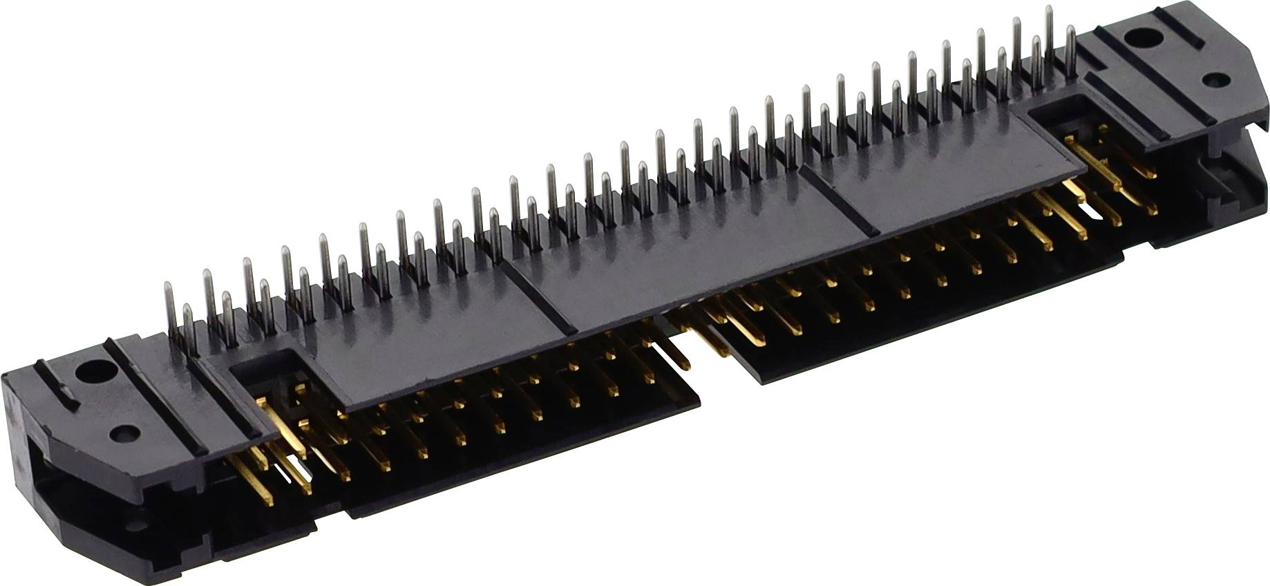 Ein schwarzer elektronischer Steckverbinder mit zwei Reihen paralleler Goldkontakte, der zum Verbinden von Komponenten in elektronischen Geräten verwendet wird.