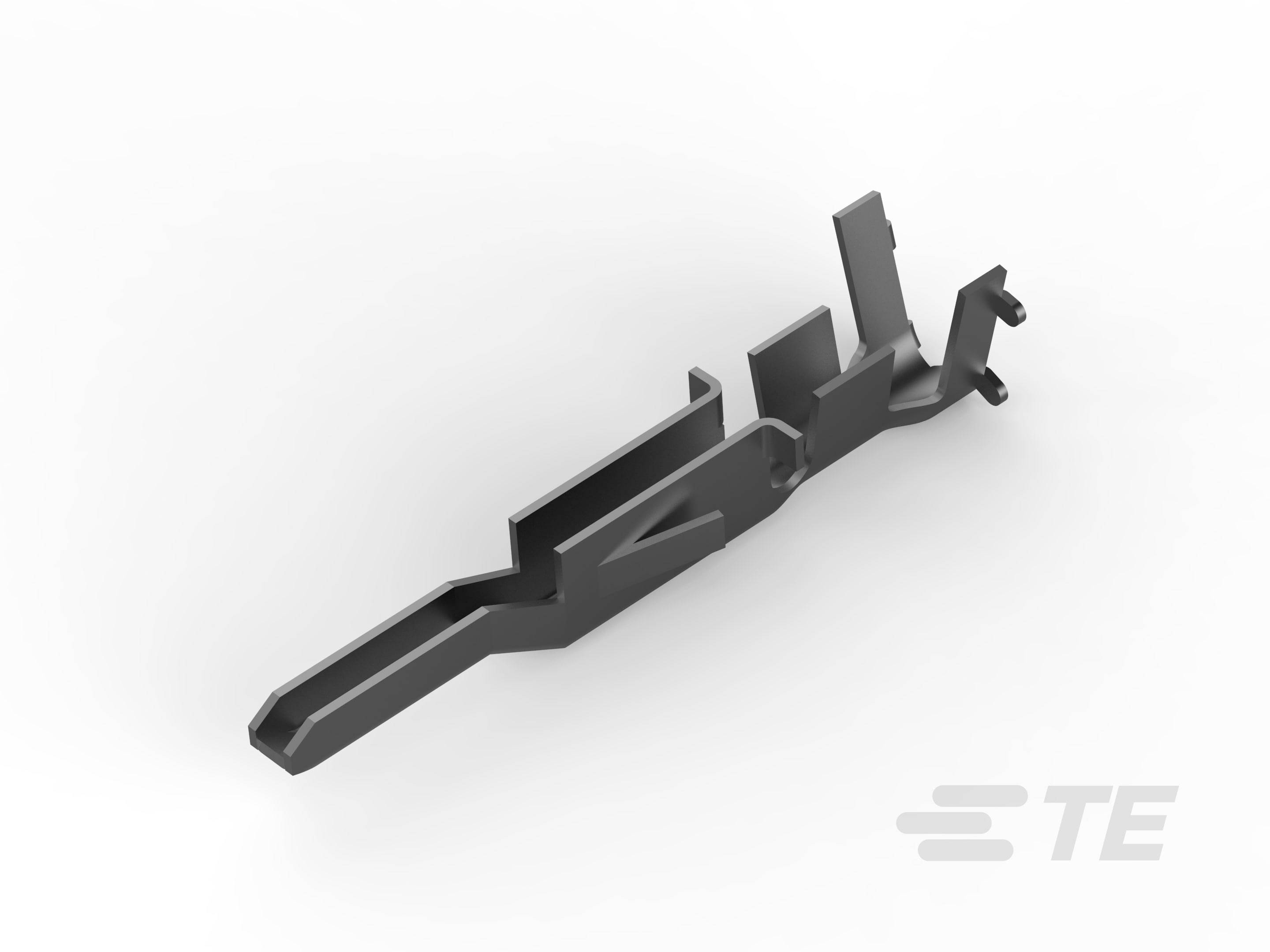 Metallischer Steckverbinder, dunkelgrau, mit komplexem Design, perspektivisch dargestellt.