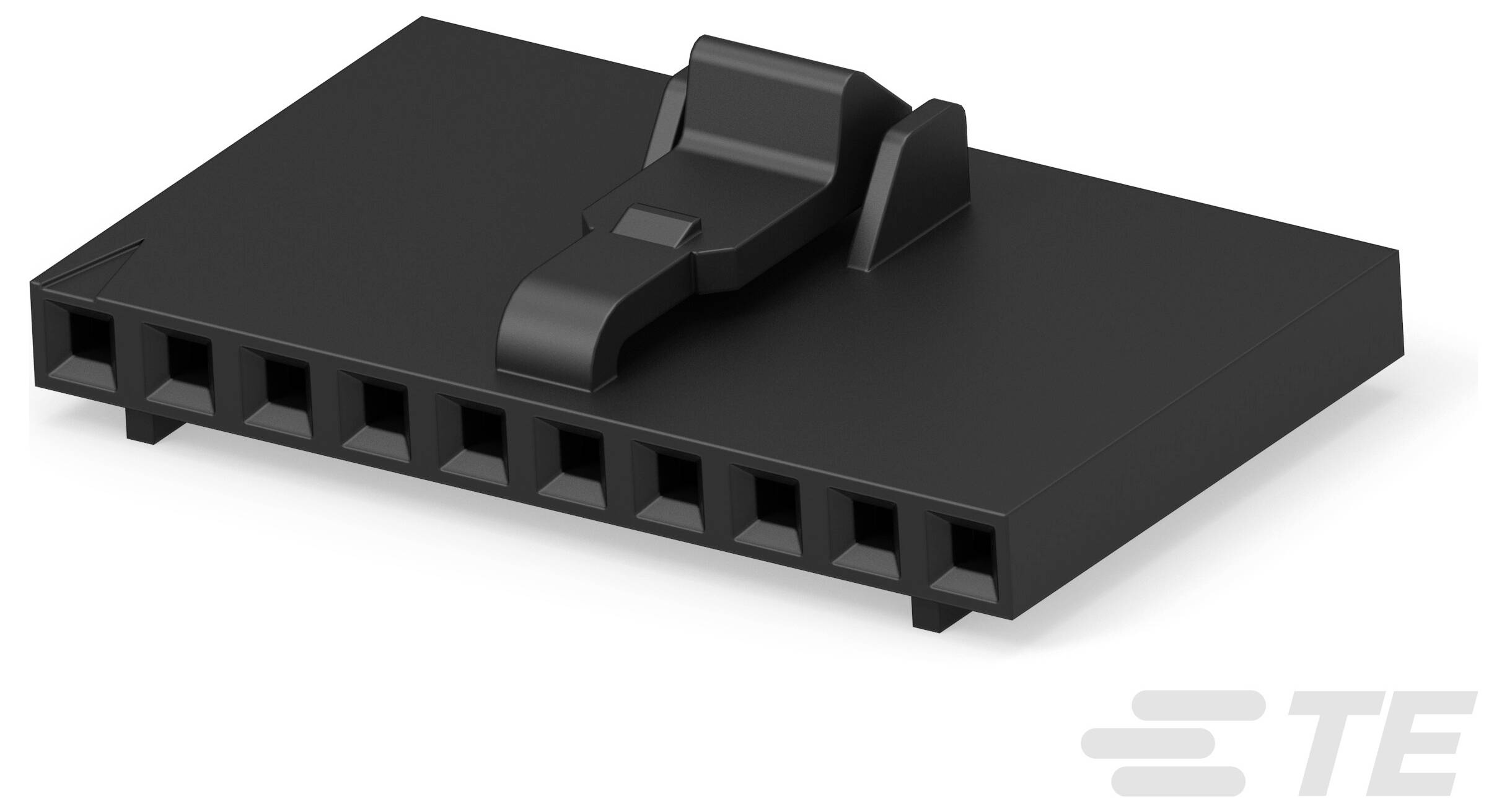 Nahaufnahme eines weißen elektrischen Steckers, rechteckig geformt, mit mehreren Schlitzen und einem Verriegelungsmechanismus oben; TE-Logo unten rechts.