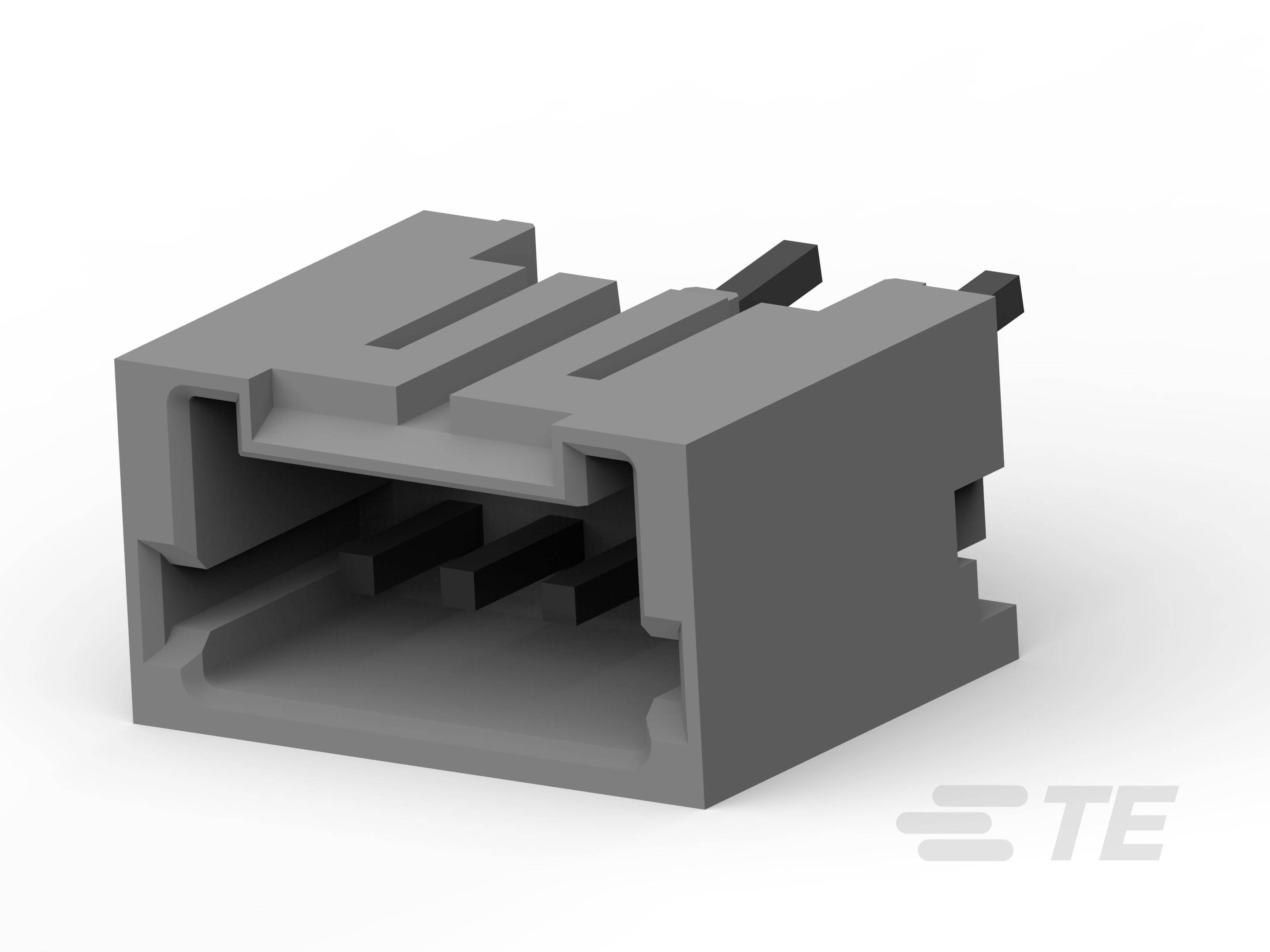 Ein grauer Steckverbinder mit zwei Schlitzen, geeignet für elektronische Anwendungen. Marke 'TE' in der unteren rechten Ecke.