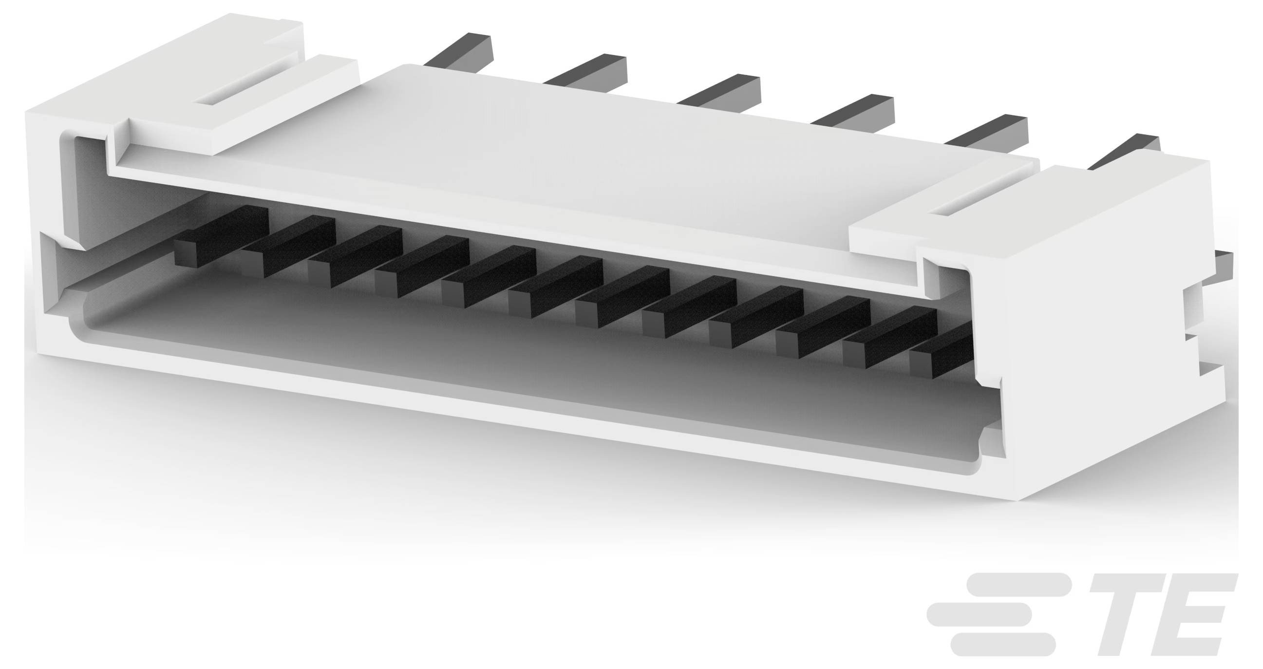 Ein weißer, rechteckiger elektrischer Stecker mit Metallstiften.
