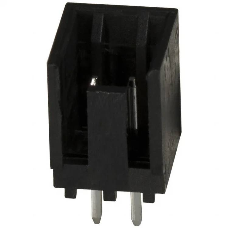 Eine Nahaufnahme eines schwarzen, zweipoligen weiblichen Steckers mit Rechtwinkelbauform, die häufig in elektronischen Schaltungen zur Verbindung von Komponenten verwendet wird.