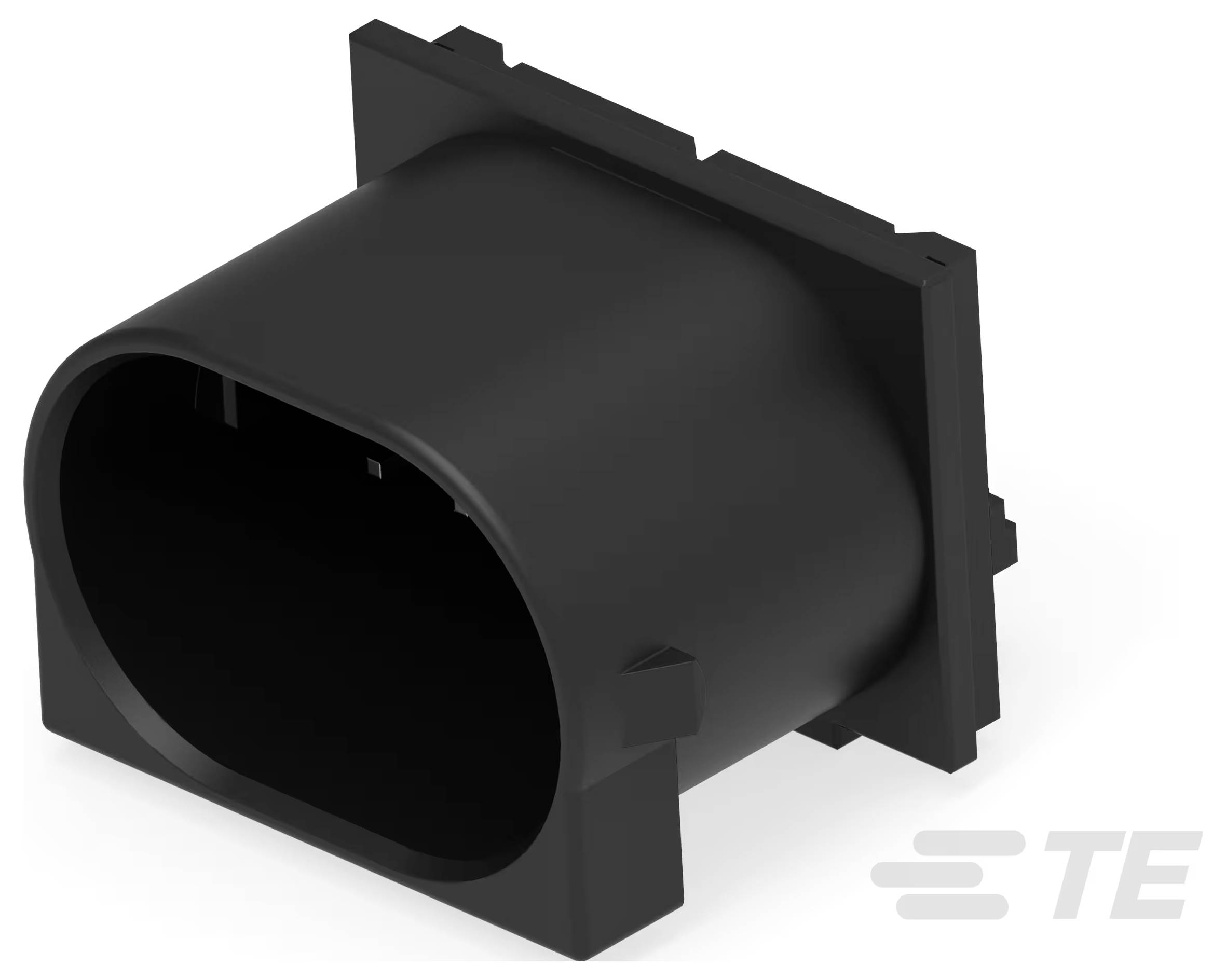 Eine 3D-Darstellung einer schwarzen, rechteckigen Automobilkomponente mit einer ovalen Öffnung, mit dem 