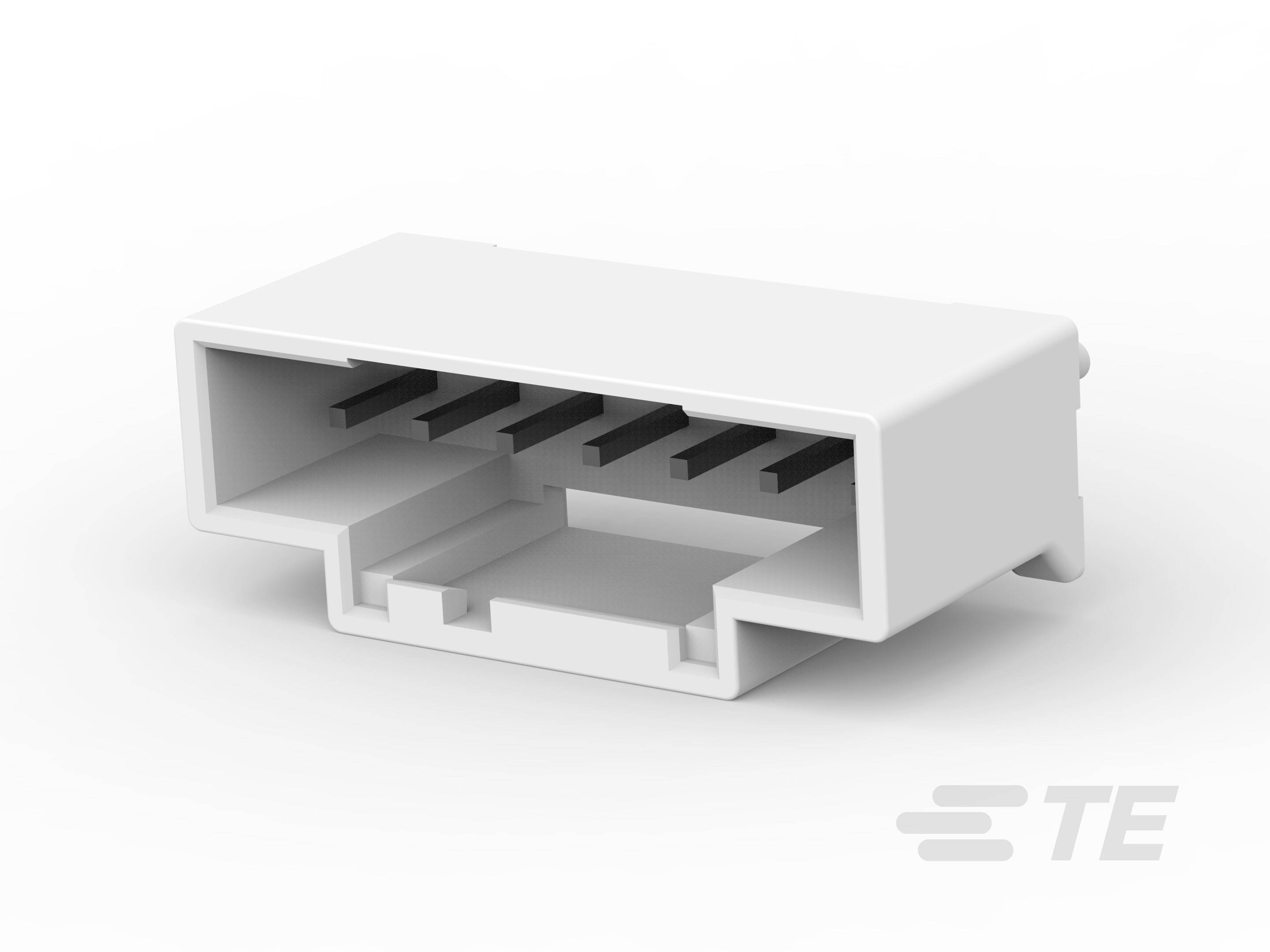 Ein weißer elektrischer Steckverbinder mit mehreren Metallkontakten, seitlich dargestellt.
