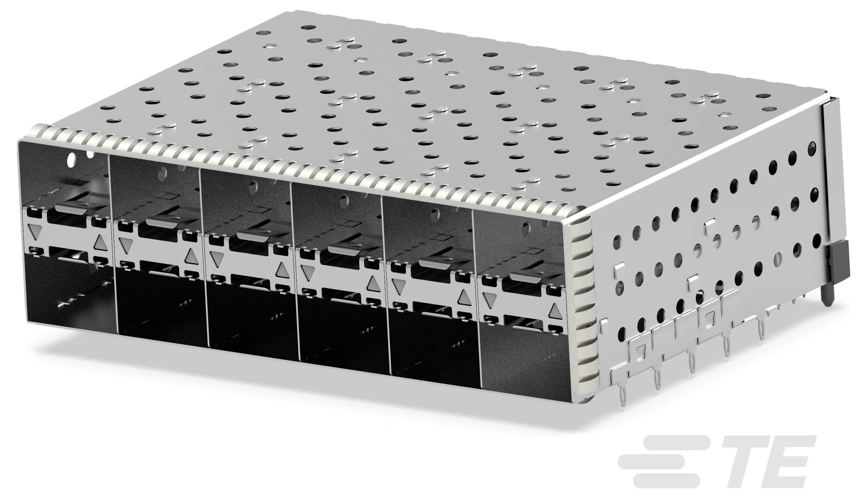 Ein Metallkäfigmodul mit mehreren rechteckigen Schlitzen für elektronische Stecker. Das TE-Logo ist unten rechts sichtbar.