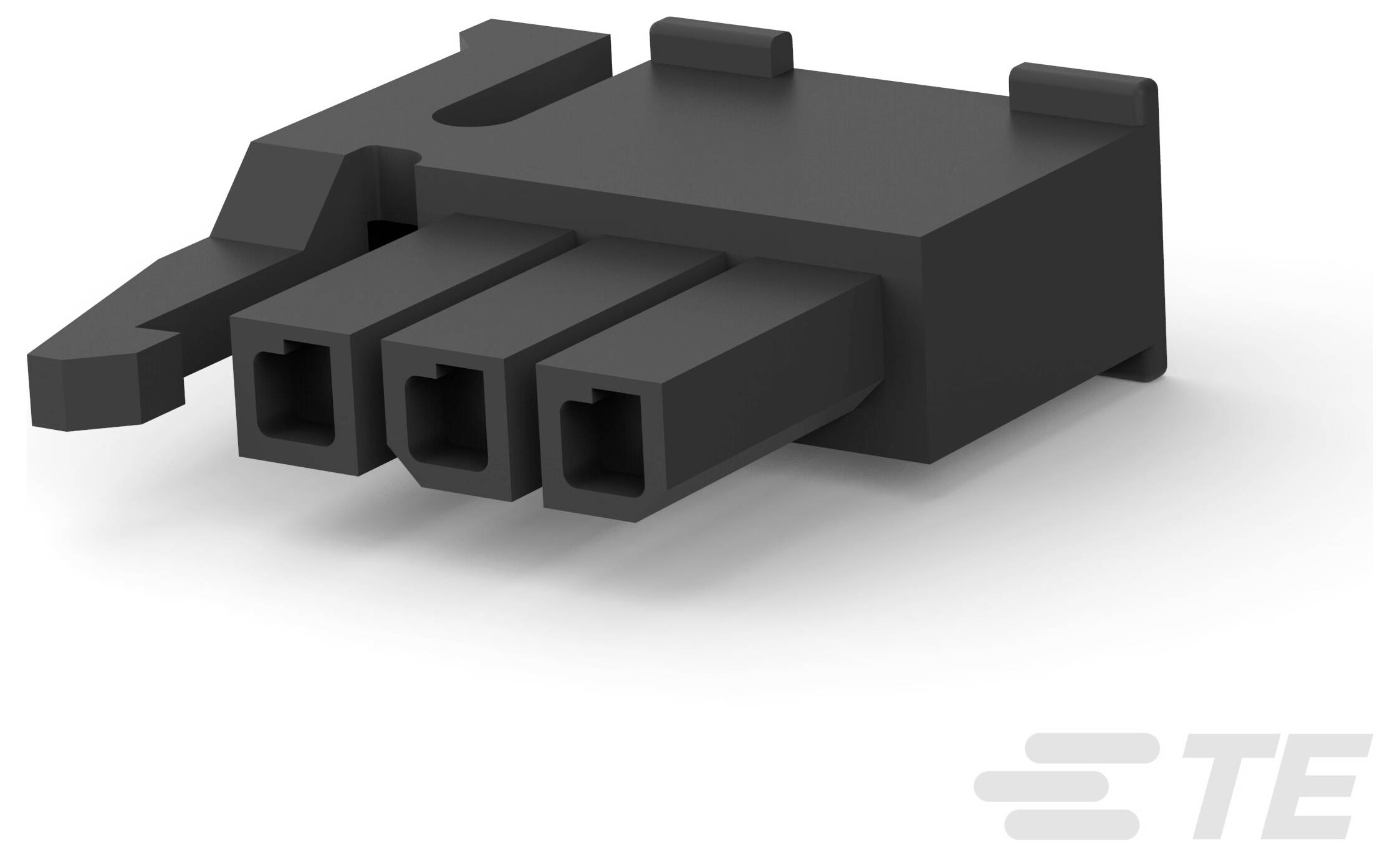 Runder Kunststoffstecker, schwarz, mit gerippter Außenseite und inneren Schlitzen für mehrere Verbindungen.