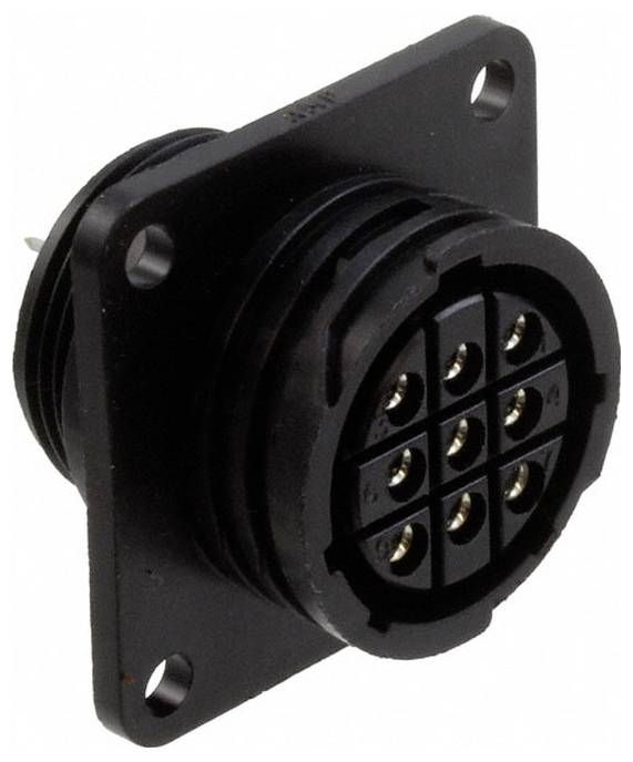 Ein schwarzer elektrischer Stecker mit neun Stiften, angebracht auf einer quadratischen Montageplatte, wird für sichere elektronische Verbindungen verwendet.