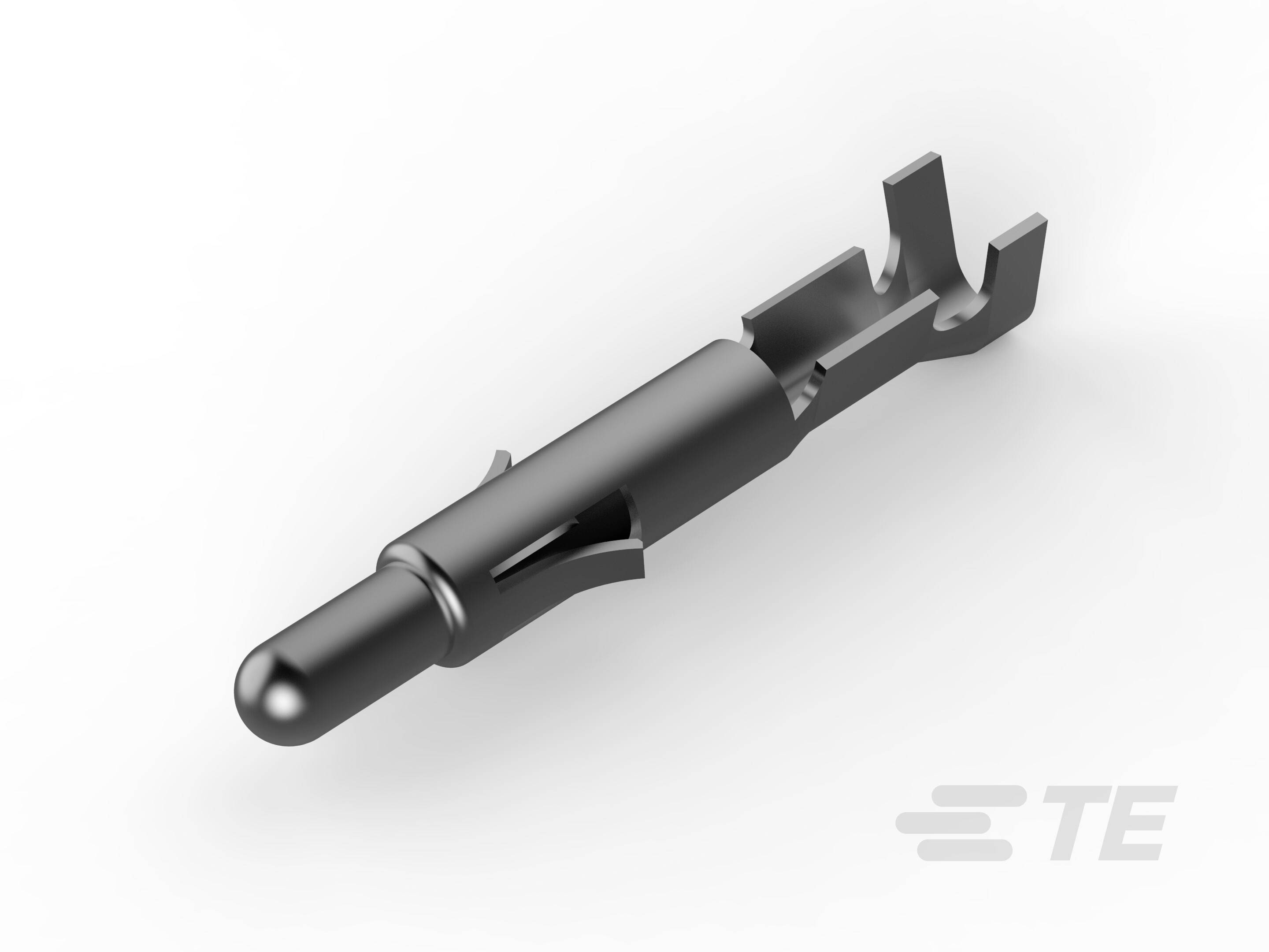 Ein schwarzer Metallstecker mit einer zylindrischen und gabelartigen Struktur, auf einem weißen Hintergrund. Rechts unten steht 'TE'.