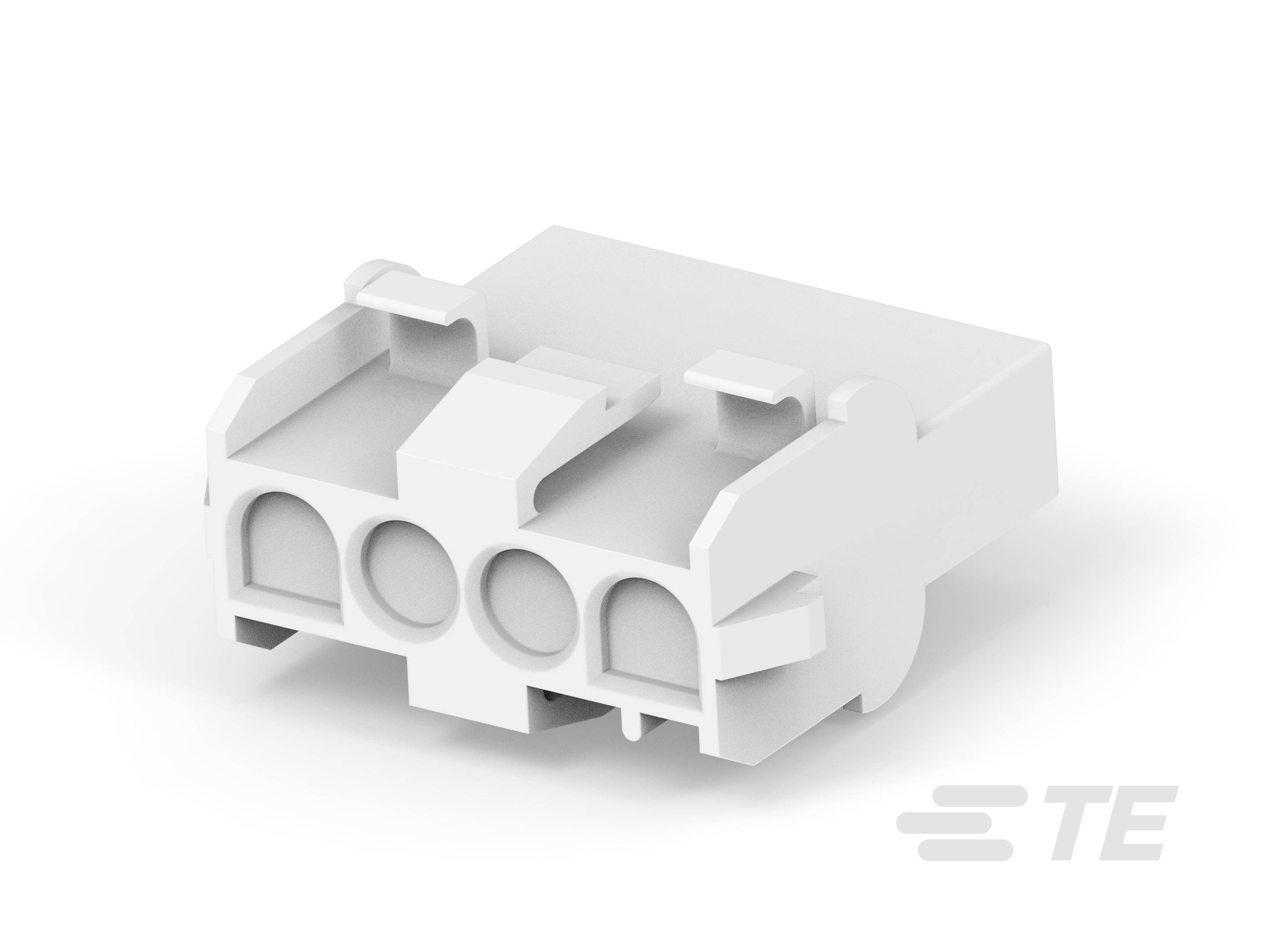 Ein weißes elektrisches Steckverbindungsgehäuse mit drei Öffnungen, geeignet für technische Anwendungen von TE Connectivity.