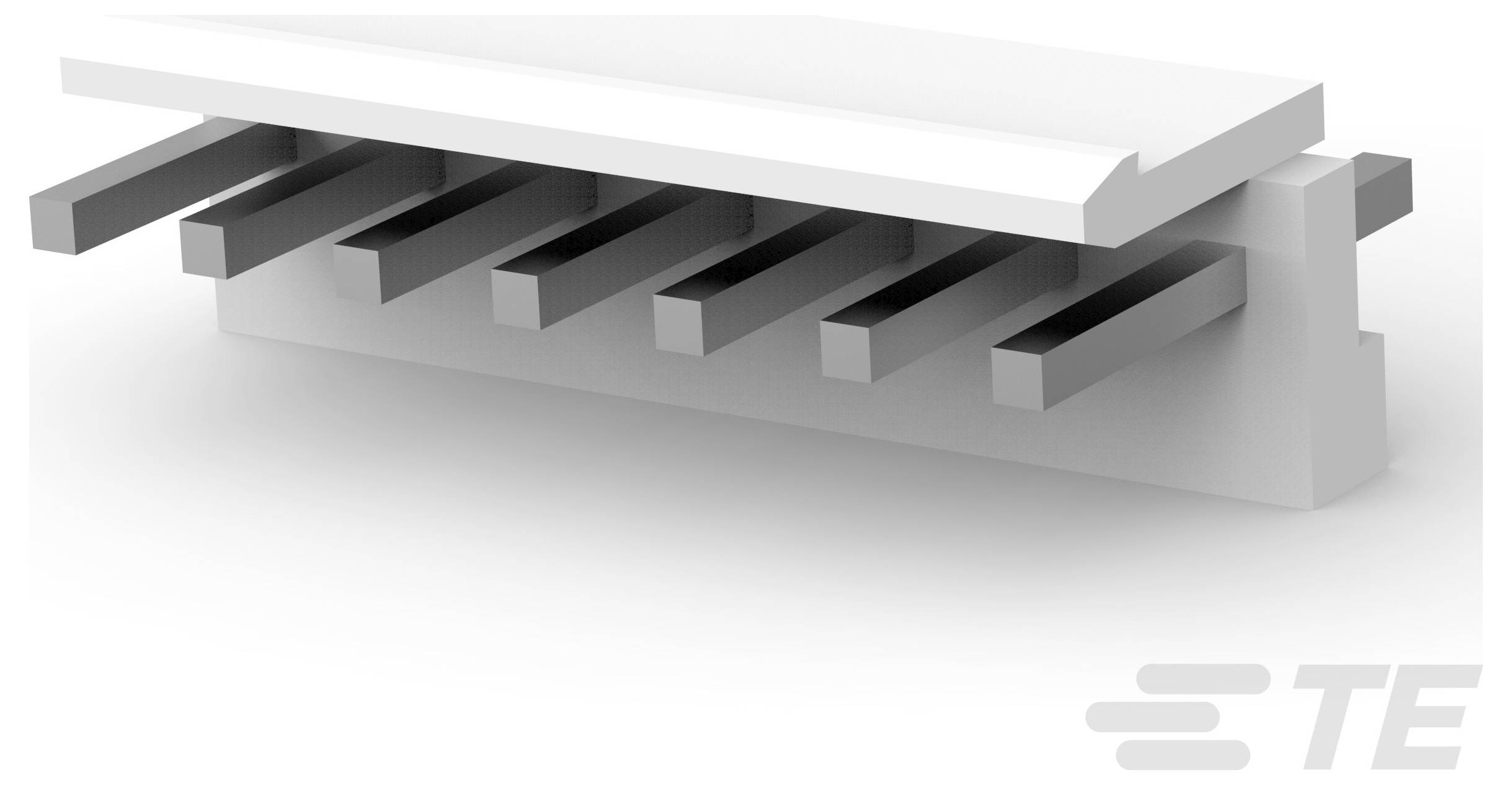 Ein Steckverbinder mit sieben Kontakten, weißem Gehäuse und horizontal angeordneten Metallkontakten wird gezeigt. Ein Logo befindet sich in der unteren rechten Ecke.