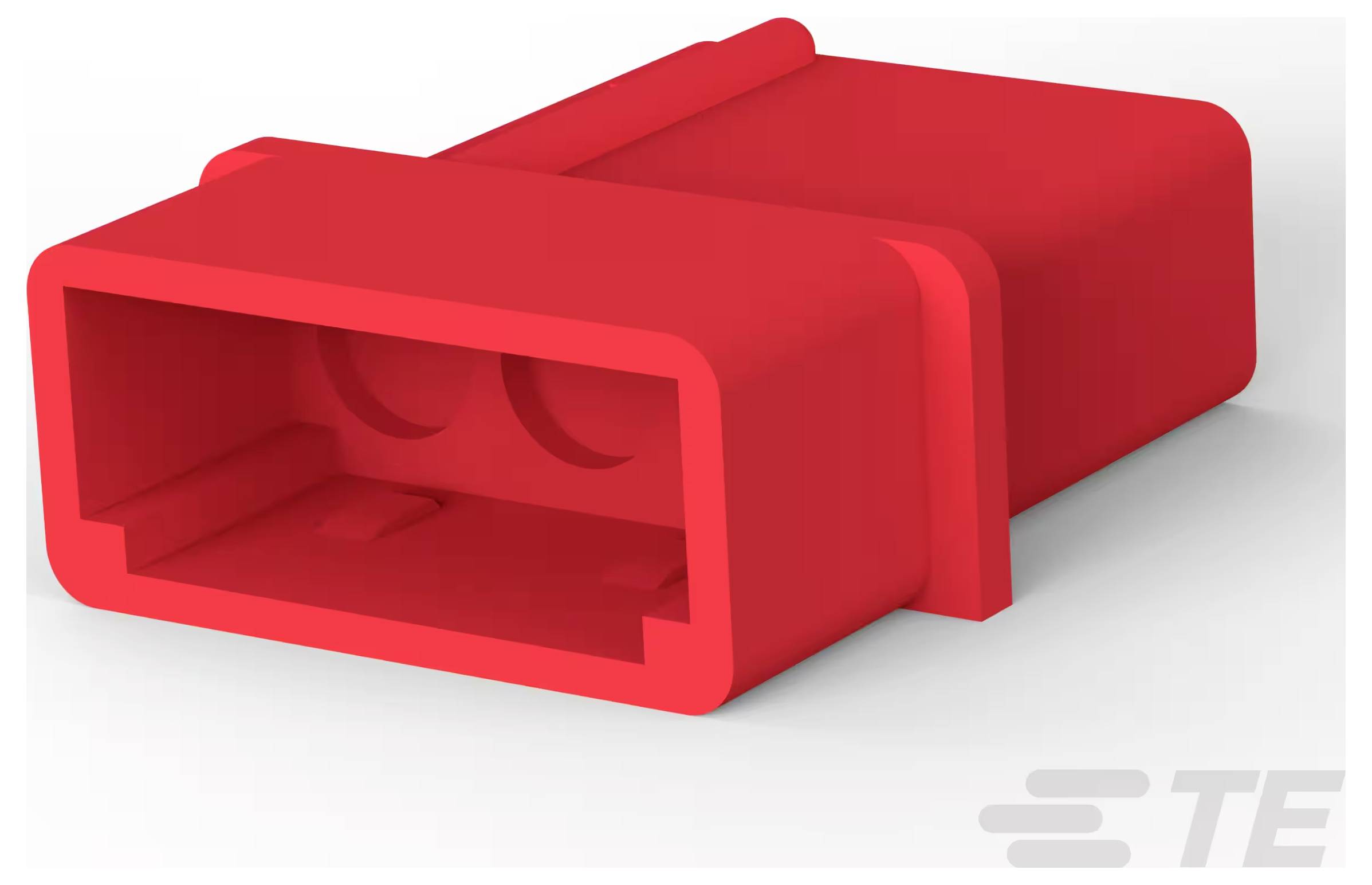 Ein rotes rechteckiges Steckergehäuse mit zwei kreisförmigen Öffnungen, in einer Schrägansicht dargestellt, mit dem TE-Logo in der unteren Ecke.
