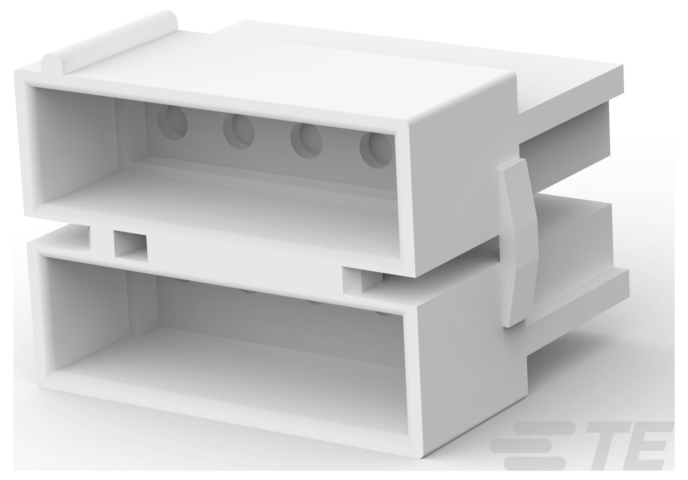Ein 3D-gerendertes Bild eines TE Connectivity Elektrosteckers mit mehreren Pins, entwickelt für Anwendungen in elektronischen Schaltungen.