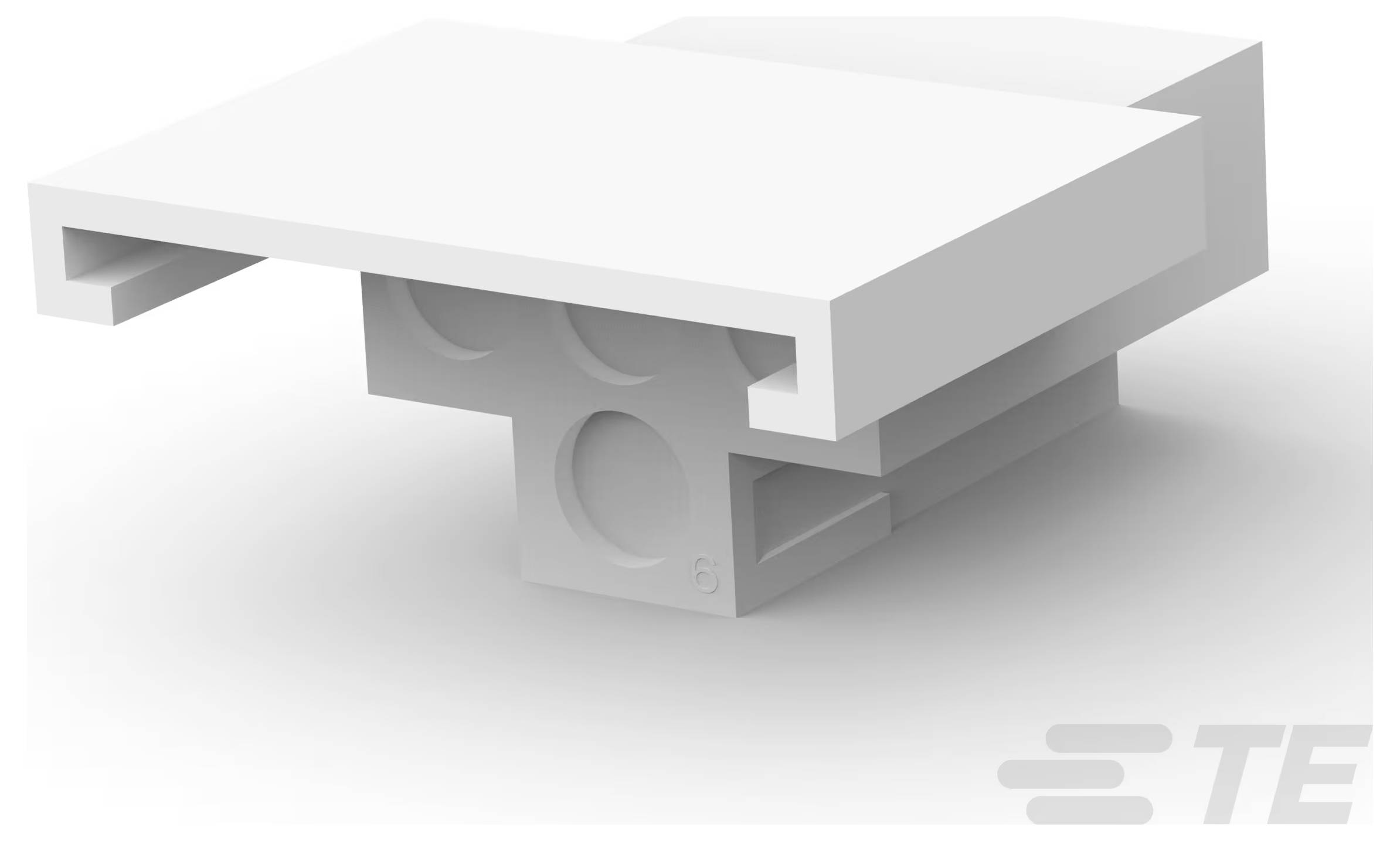 'AMPSEAL 16' Stecker-Gehäuse, Schrägansicht mit rechteckiger Form und drei kreisförmigen Ausnehmungen darunter für elektrische Verbindungen.