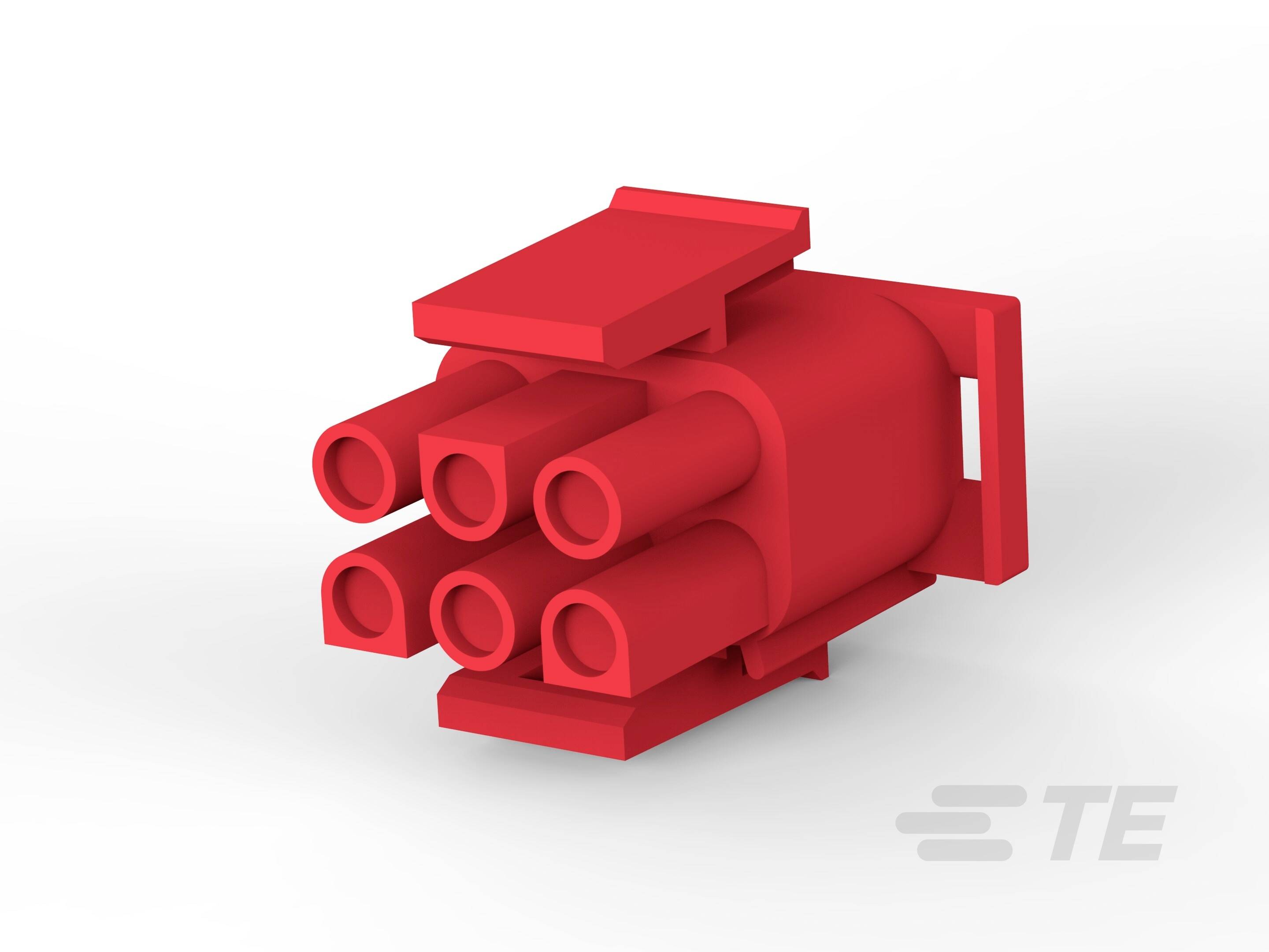 Roter Steckverbinder mit sechs Öffnungen, geeignet für elektrische Verbindungen, vor weißem Hintergrund. Logo der Marke 'TE' unten rechts.