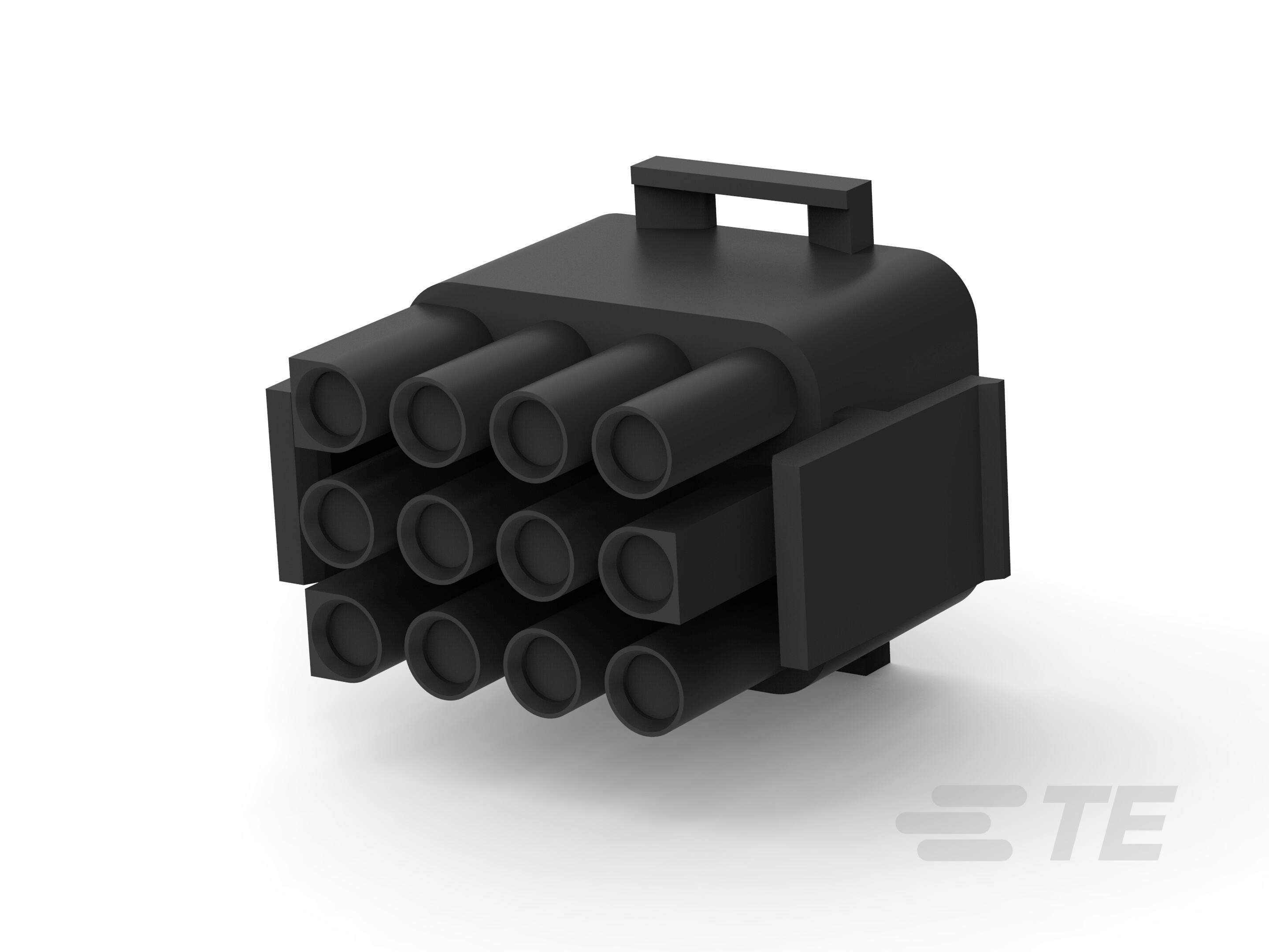 Ein schwarzer elektrischer Steckverbinder mit neun zylindrischen Anschlussöffnungen in einem 3x3-Muster.