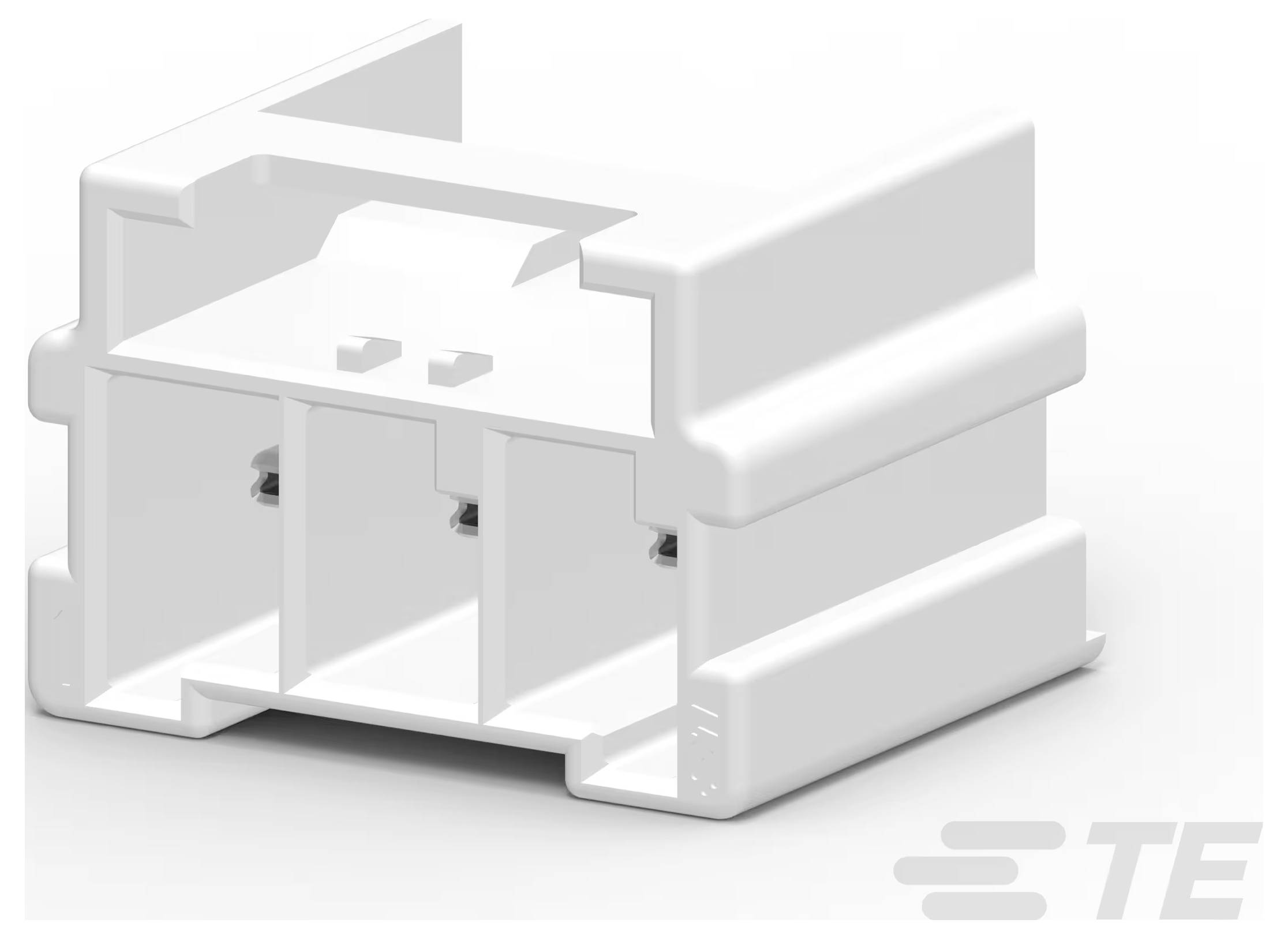 Weißes Elektrokonnektorgehäuse mit drei Schlitzen, Seitenansicht. TE-Logo in der unteren rechten Ecke.