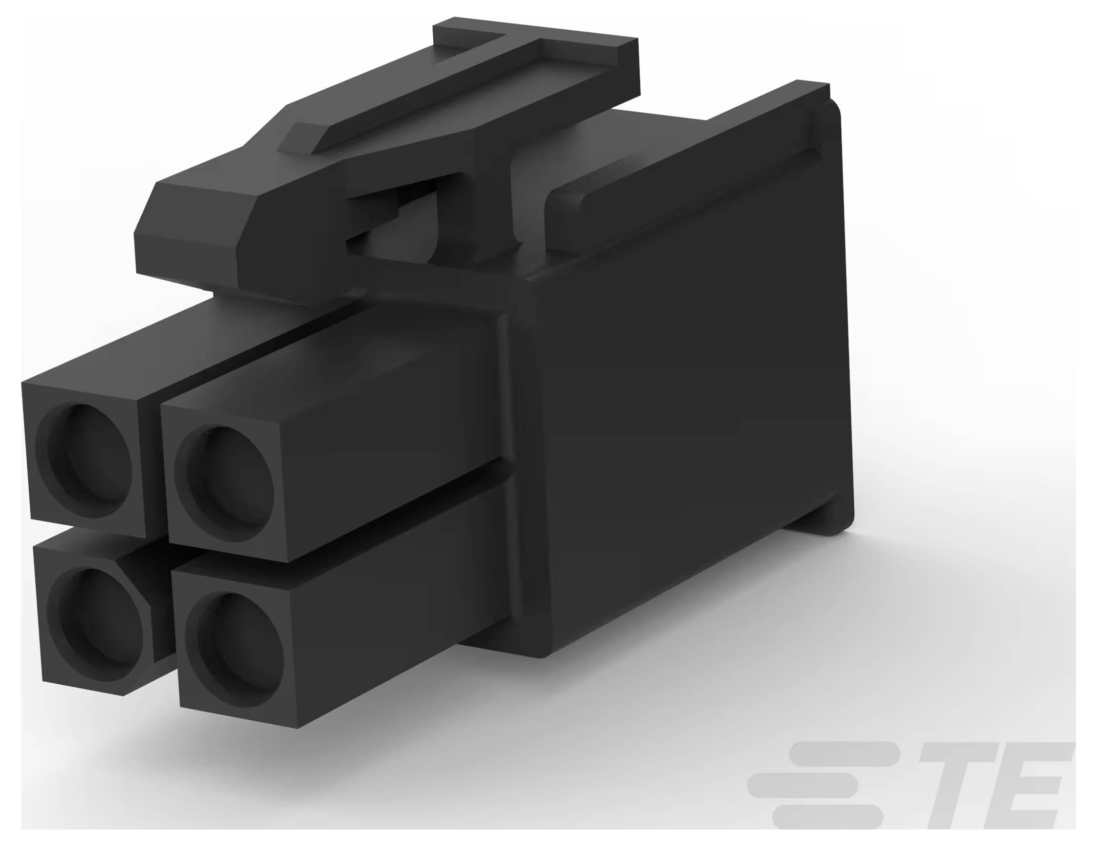 Ein schwarzer, zylindrischer Stecker mit gerillten Seitenflächen, gekennzeichnet mit Pfeilen, einem TE-Logo und Nummern, die Verbindungspunkte angeben.