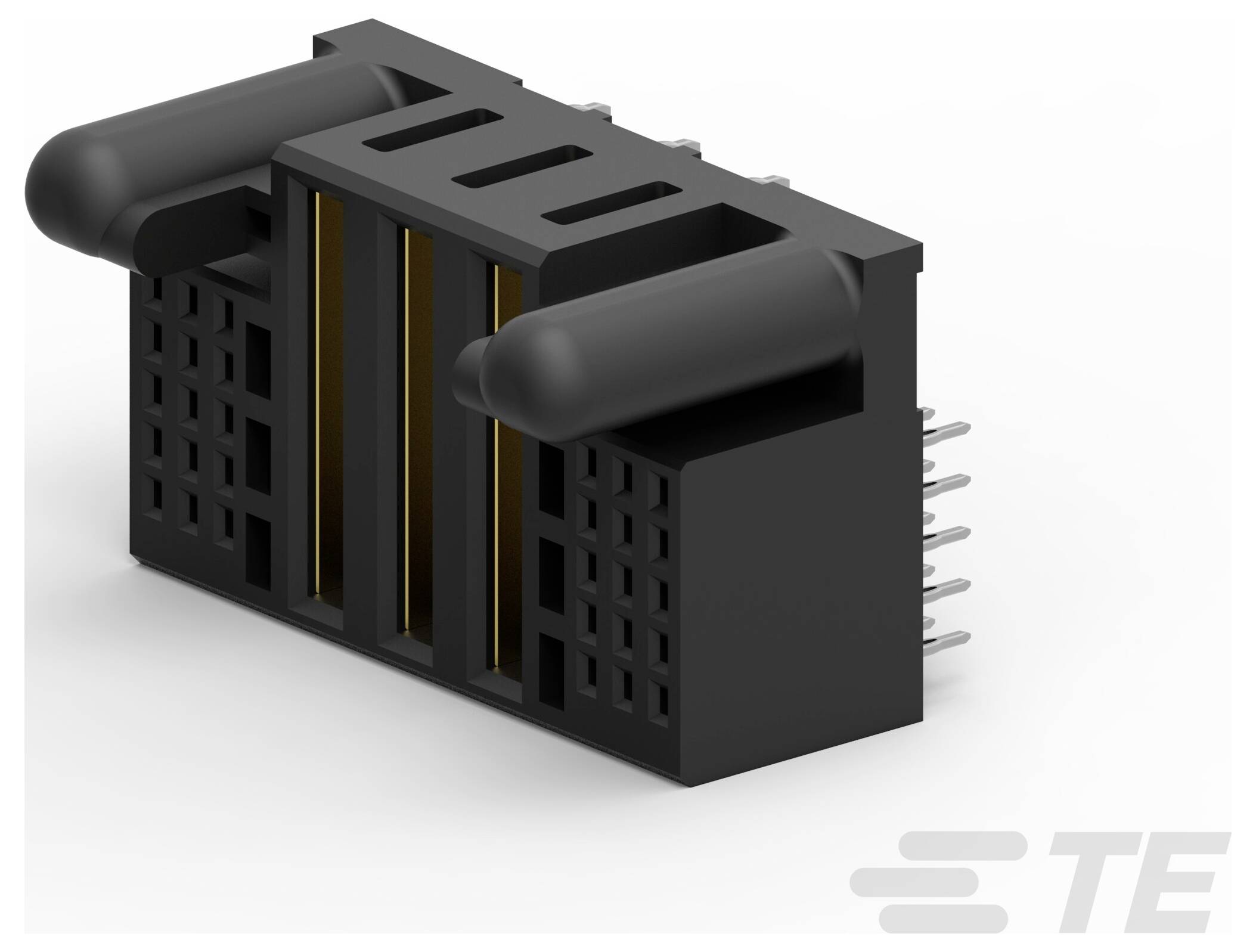 Eine schwarze, abgewinkelte elektronische Komponente mit fünf zylindrischen Metallverbindern, entwickelt zur Befestigung auf einer Leiterplatte.
