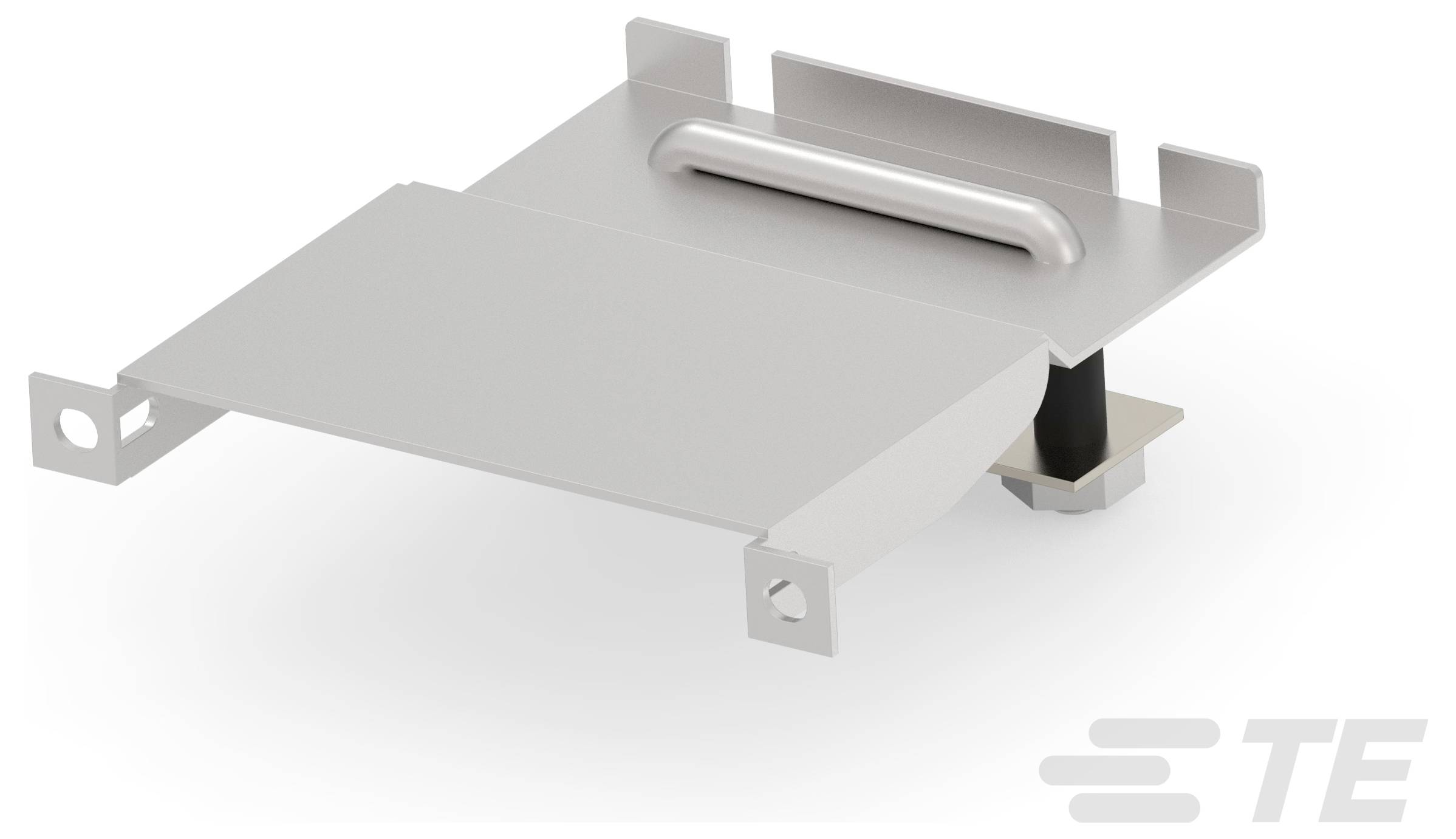 Graue Metallkühlkörper-Komponente mit Befestigungsklemmen und geprägtem Logo auf der Seite, entwickelt zur Kühlung elektronischer Geräte.