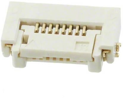 Ein weiß-goldener elektronischer Stecker mit mehreren Stiften, der zum Verbinden von Schaltkreisen oder Komponenten verwendet wird.