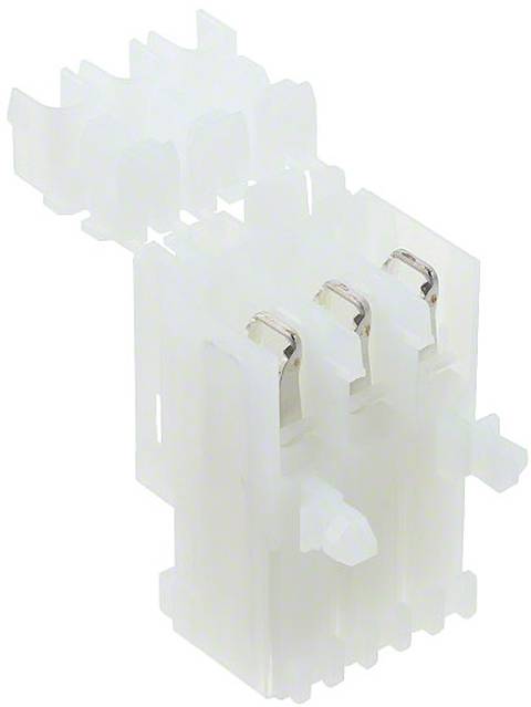 Ein weißer, mehrpoliger elektrischer Stecker mit drei sichtbaren Metalleitern, wahrscheinlich für Leiterplattensteckerverbindungen verwendet.