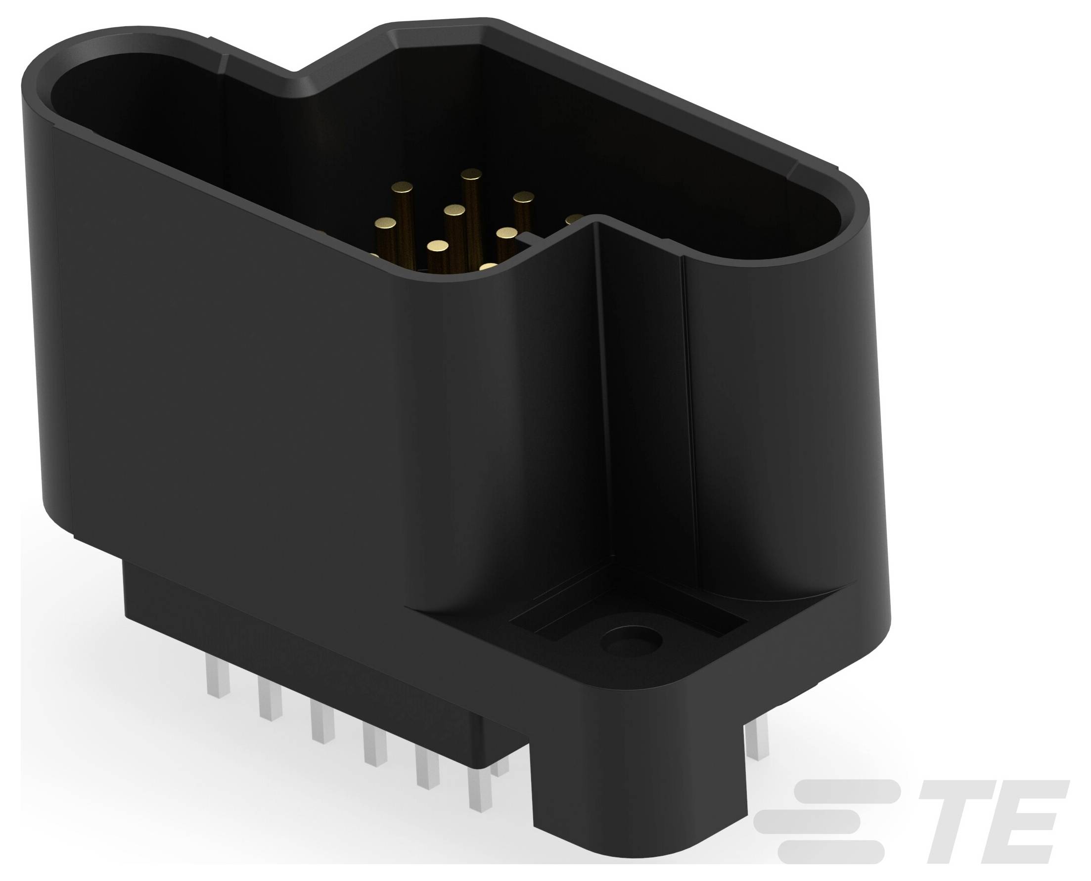 Ein schwarzer Elektrostecker mit mehreren vergoldeten Stiften, der für komplexe elektronische Systeme konzipiert ist.