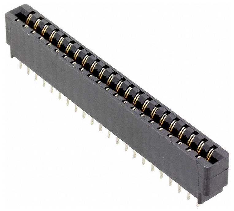 Ein schwarzer, rechteckiger Dual-Reihen-Stiftleisten-Stecker mit mehreren Metallstiften, der auf elektronischen Leiterplatten zum Verbinden von Komponenten verwendet wird.