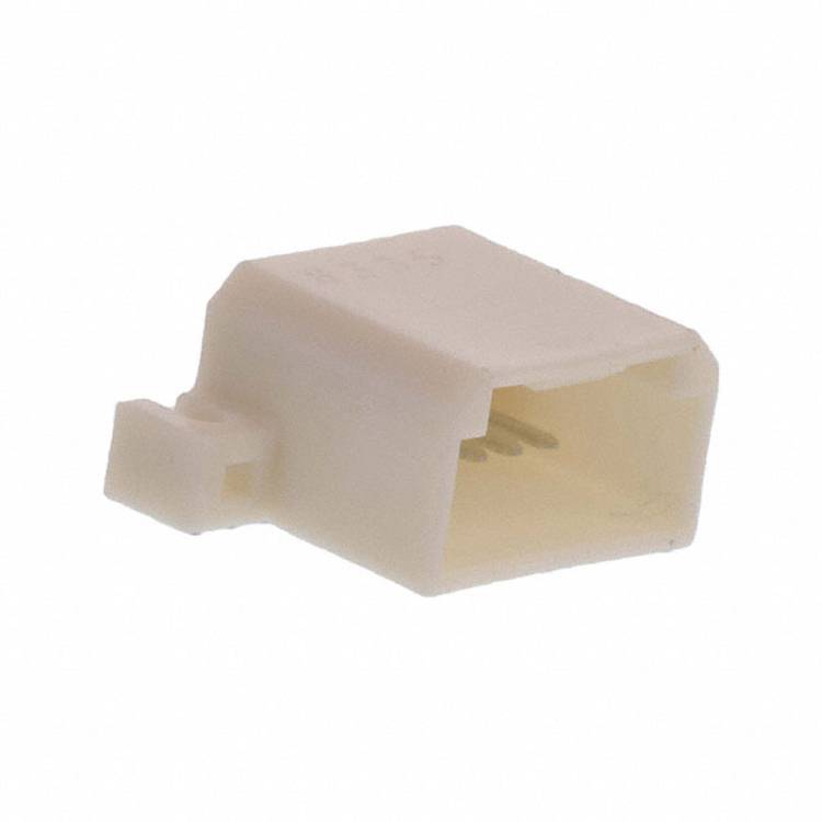 Ein weißer, rechteckiger Elektrostecker mit zwei Metallstiftkontakten, der zum Verbinden elektronischer Komponenten verwendet wird.
