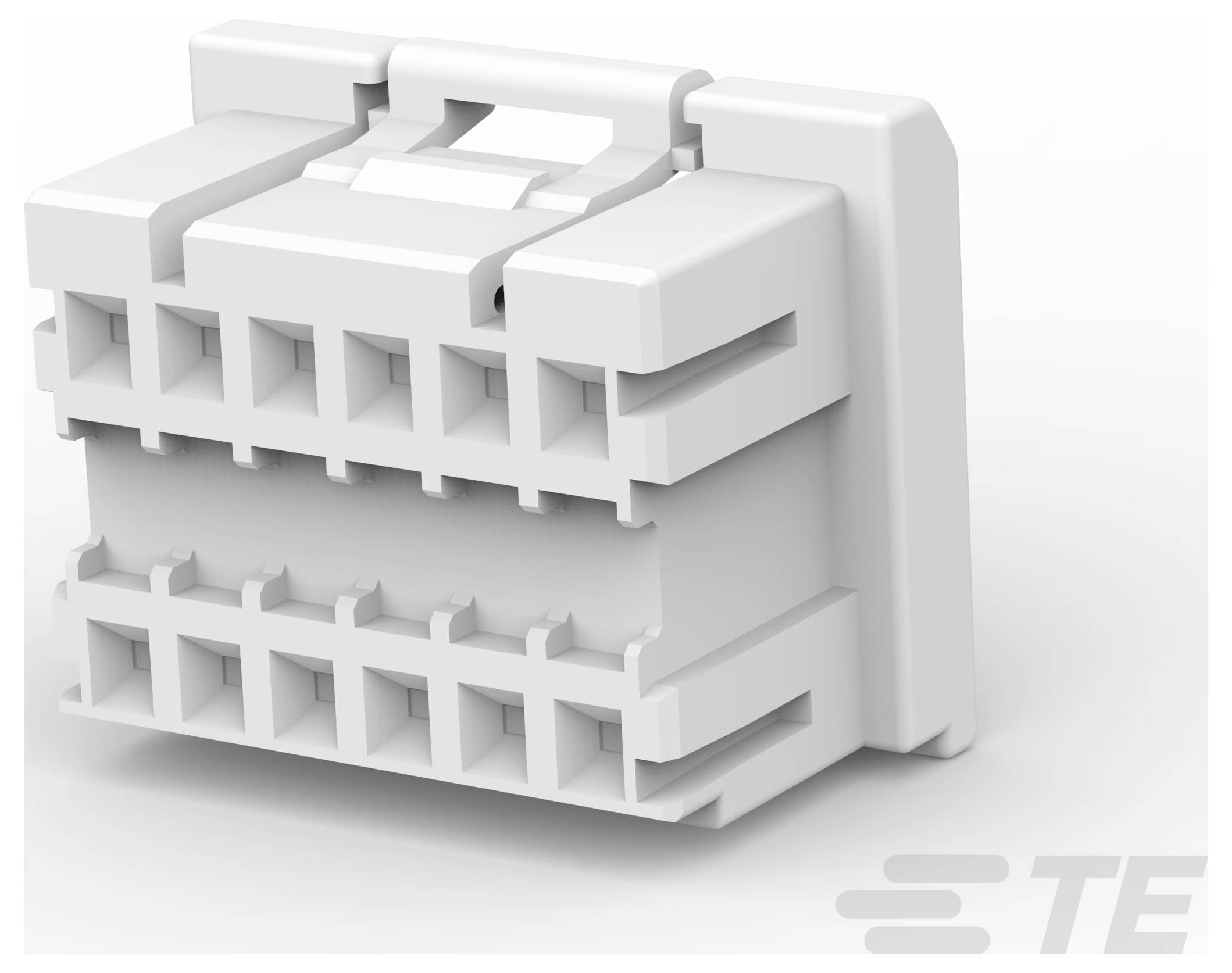 Ein weißer, rechteckiger Elektrostecker mit mehreren Schlitzen zur Verdrahtung, mit der Bezeichnung 