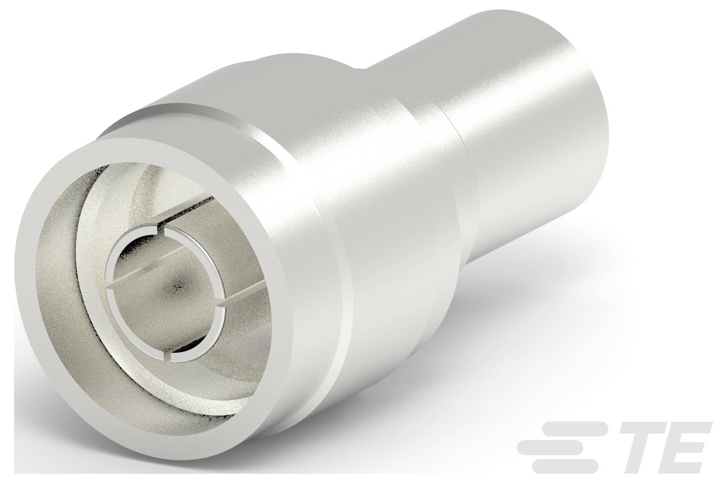 Ein silberner koaxialer Steckerverbinder mit zylindrischer Form, mit einer glatten metallischen Oberfläche und einer breiten Öffnung an einem Ende zum Verbinden.