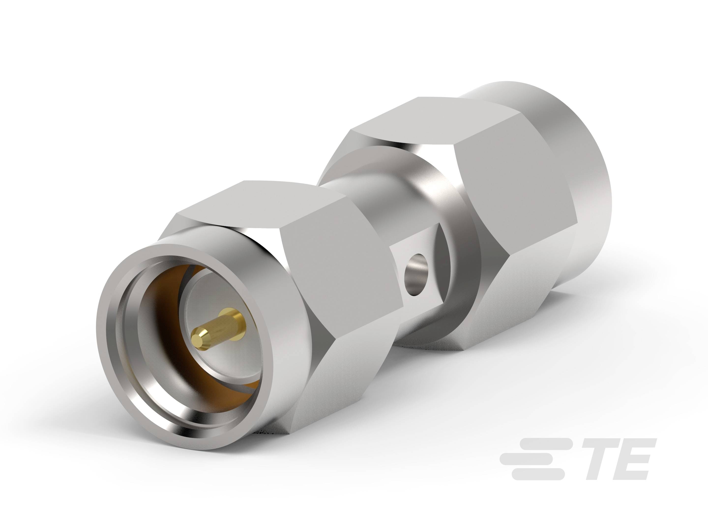 Ein silberner HF-Stecker mit sechseckigem Gehäuse und goldener Mittelstift, verwendet für elektrische Kabelverbindungen.
