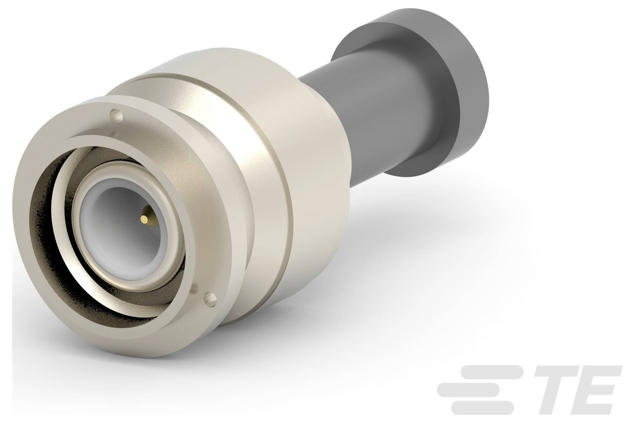 Ein koaxialer HF-Stecker von TE Connectivity mit metallischer Oberfläche, konzipiert für sichere, hochfrequente elektronische Verbindungen.
