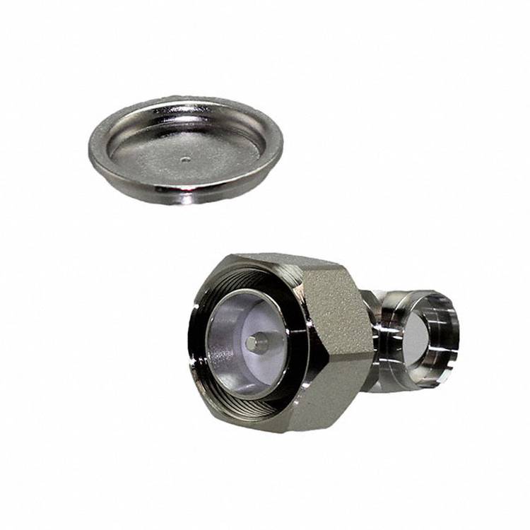 Ein Metallkoaxialkabelstecker mit separat gezeigter Kappe, das die innere Struktur zur sicheren Kabelverbindung zeigt.