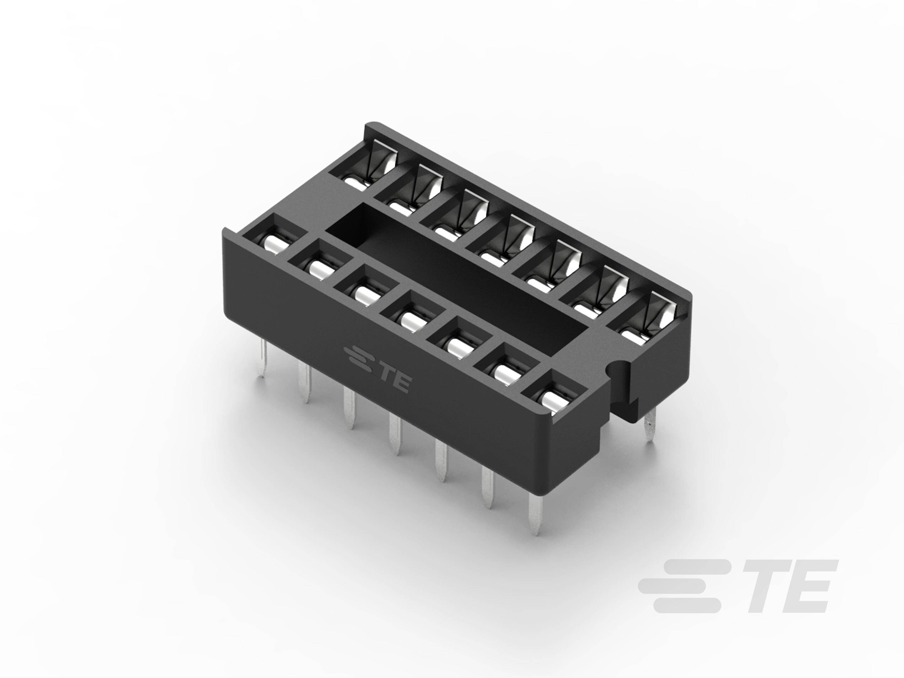 Ein schwarzer DIP-Sockel mit 14 Pins, von TE produziert, auf weißem Hintergrund. Geeignet für integrierte Schaltkreise.