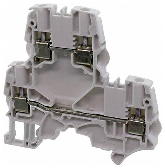 Ein grauer dreistufiger Anschlussblock für elektrische Verbindungen, mit sichtbaren Metallschrauben und Kanälen zur Kabelführung, die eine sichere Befestigung ermöglichen.