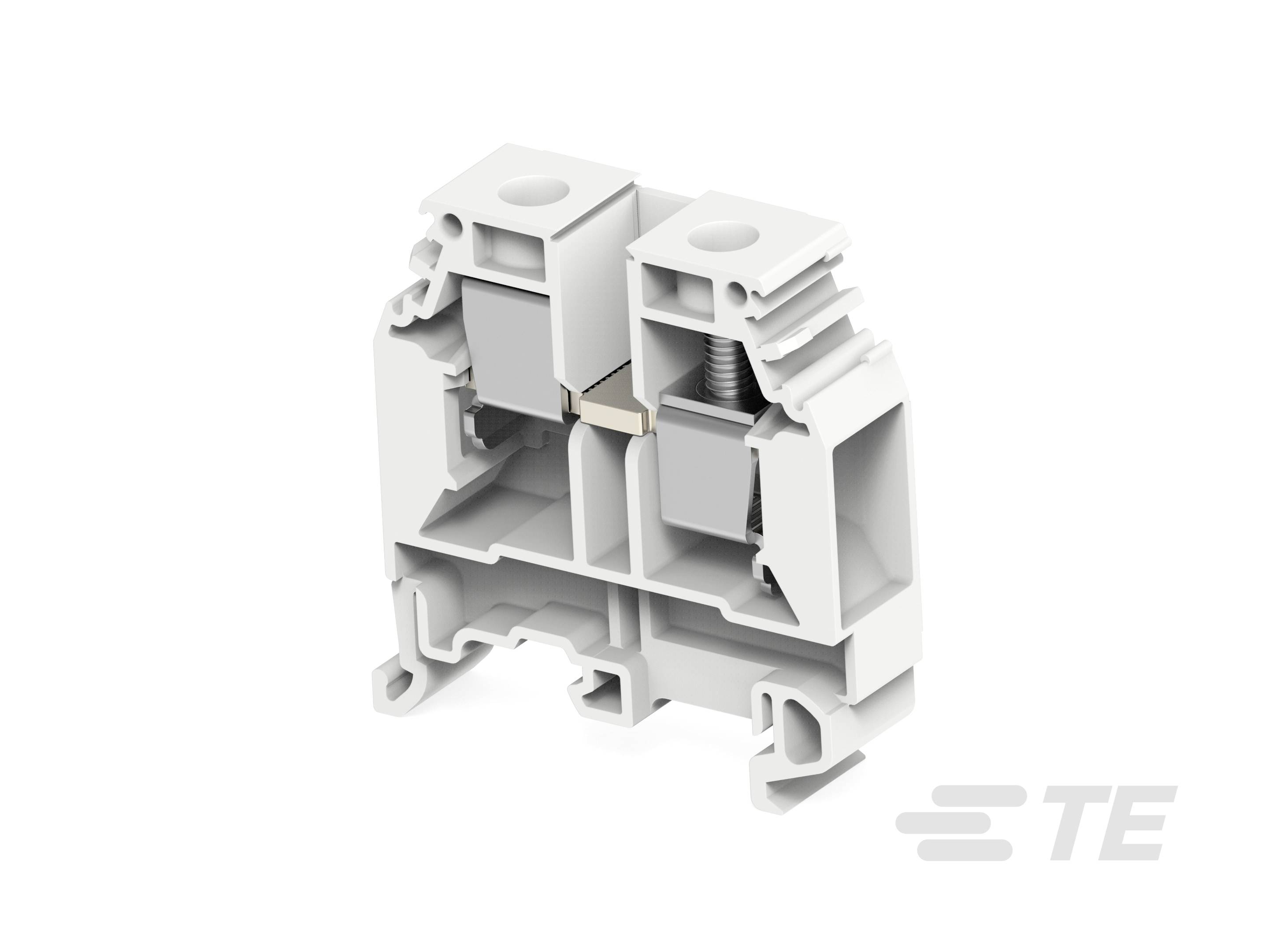 Graues elektrisches Klemmterminal von TE Connectivity, Seitenansicht. Ermöglicht sichere Verbindung von Drähten in elektrischen Schaltkreisen.